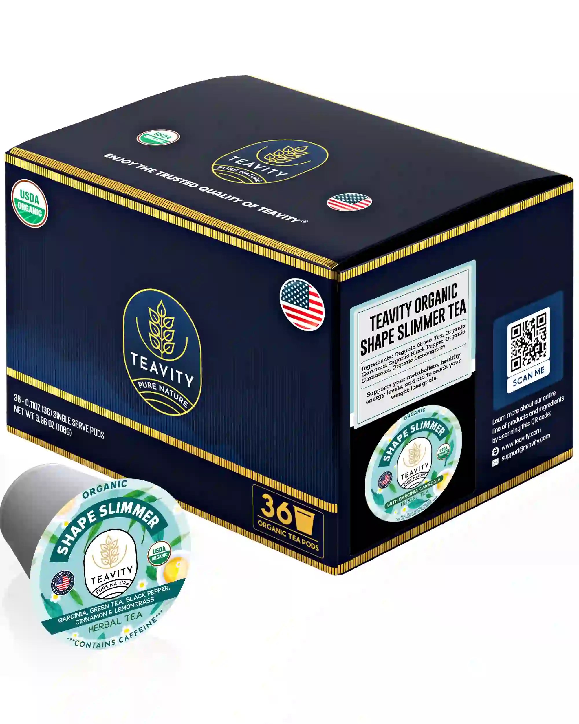 Teavity Organic Shape Slimmer tea pods box, 36 count herbal blend with garcinia and green tea