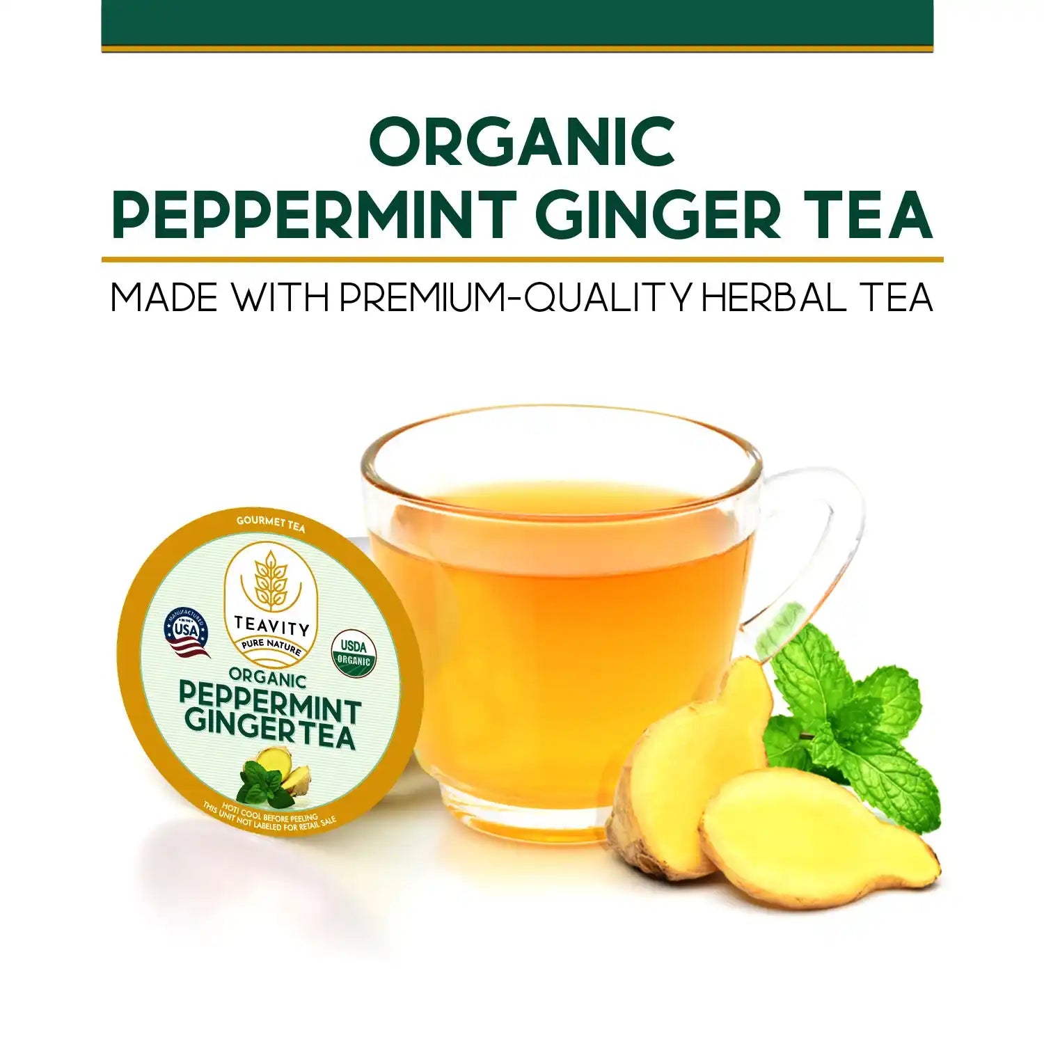 Teavity Organic Peppermint Ginger Tea Pod with fresh ginger and mint leaves