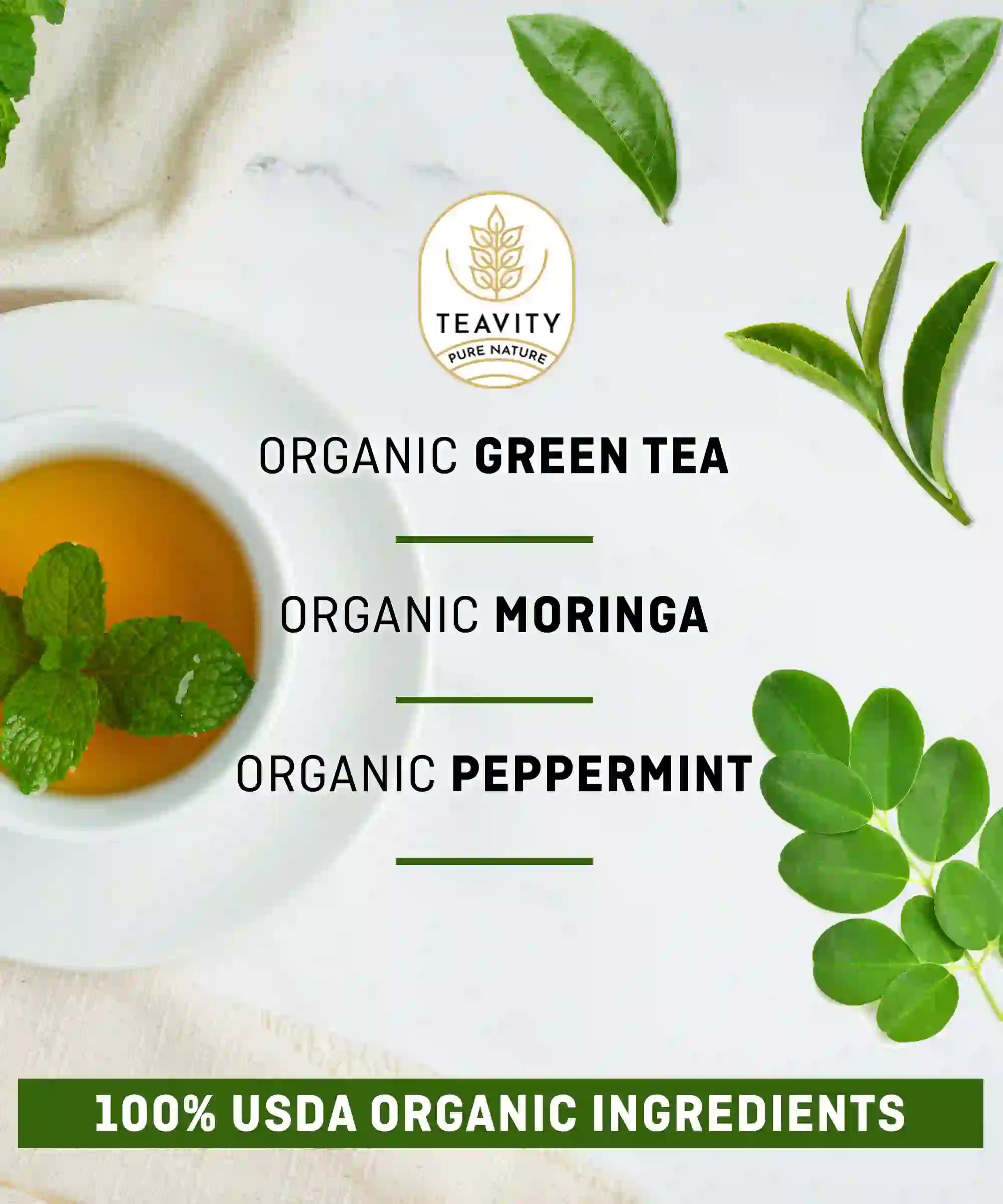 Organic green tea pods with moringa and peppermint, 100% USDA organic ingredients - Teavity