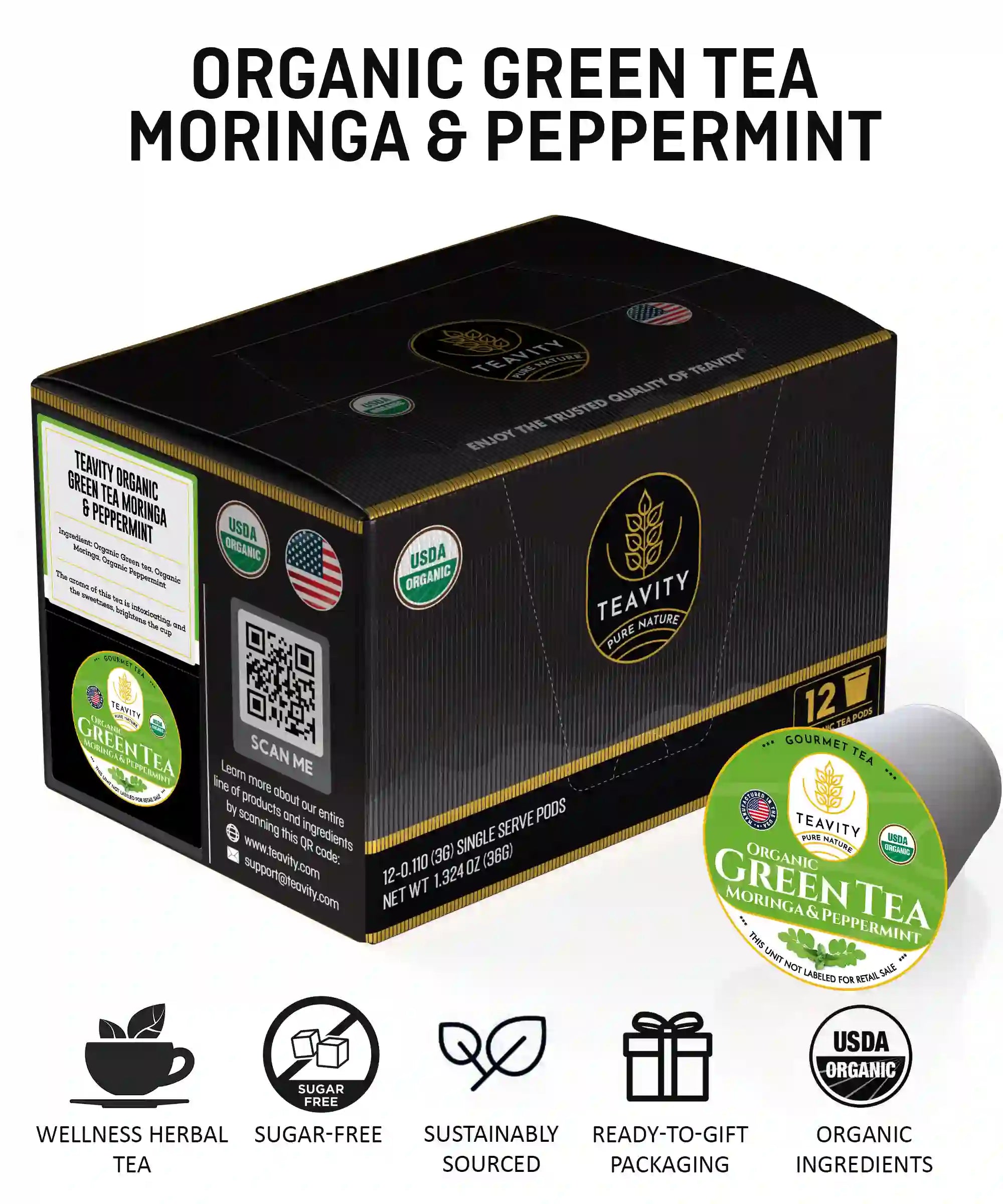 Organic Green Tea Moringa and Peppermint 12 tea pods box from Teavity