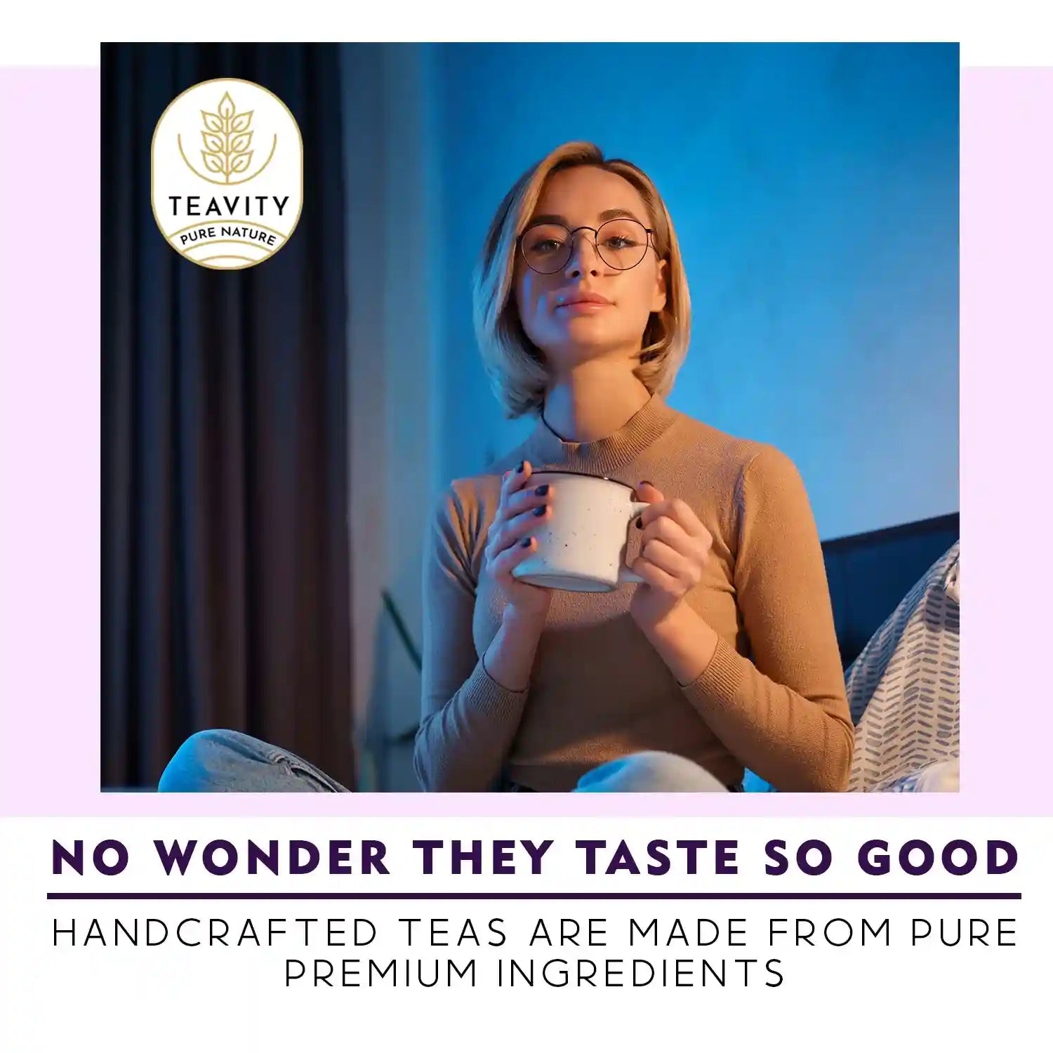 Woman enjoying handcrafted Teavity organic after dinner herbal tea pods