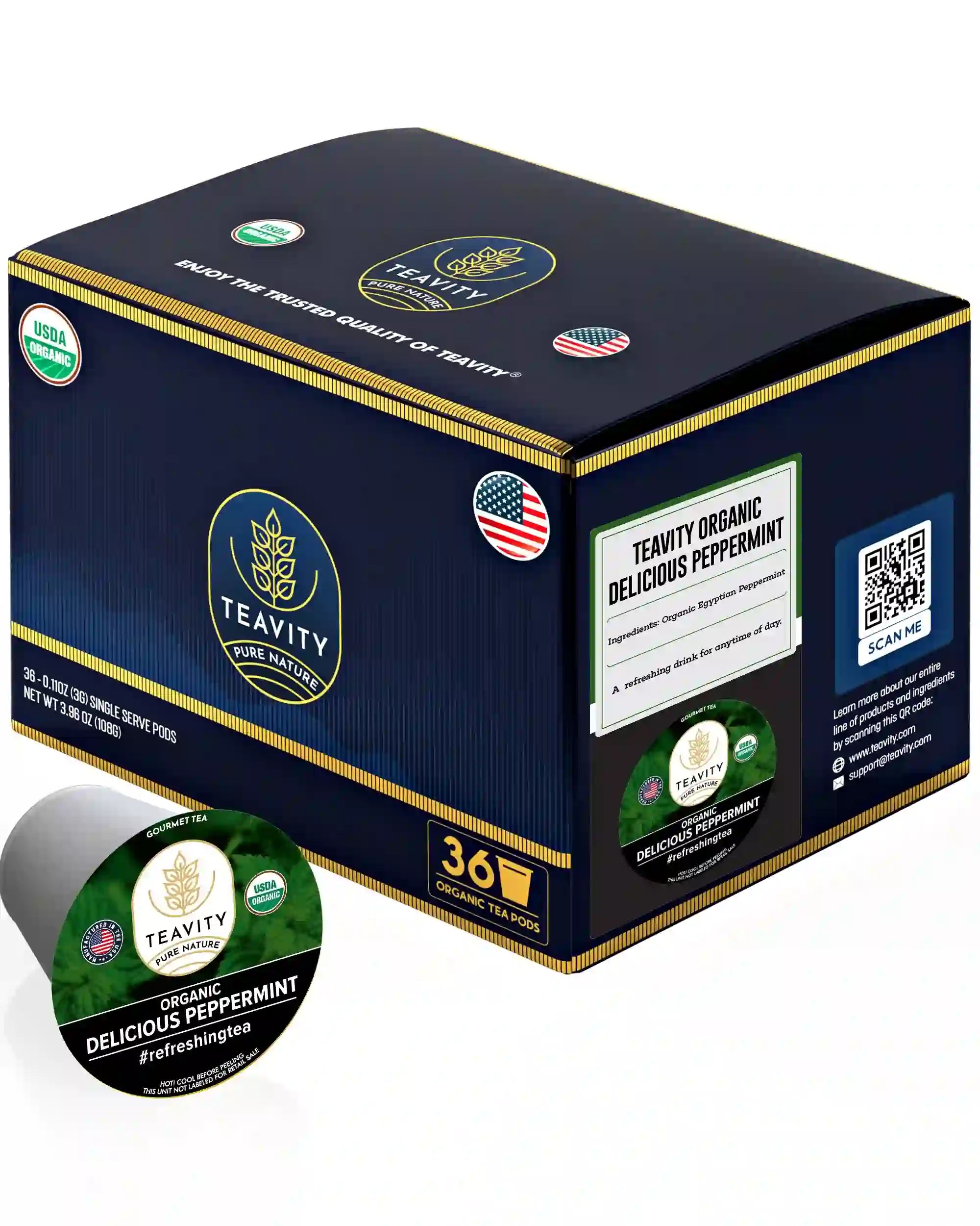 Teavity Organic Delicious Peppermint Tea, 36 count tea pods box