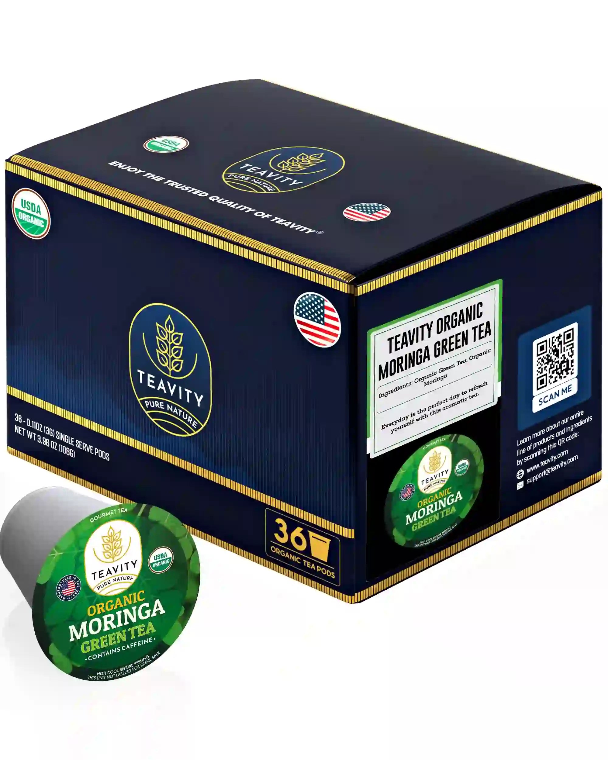 Teavity Organic Moringa Green Tea Pods 36 count tea pods box