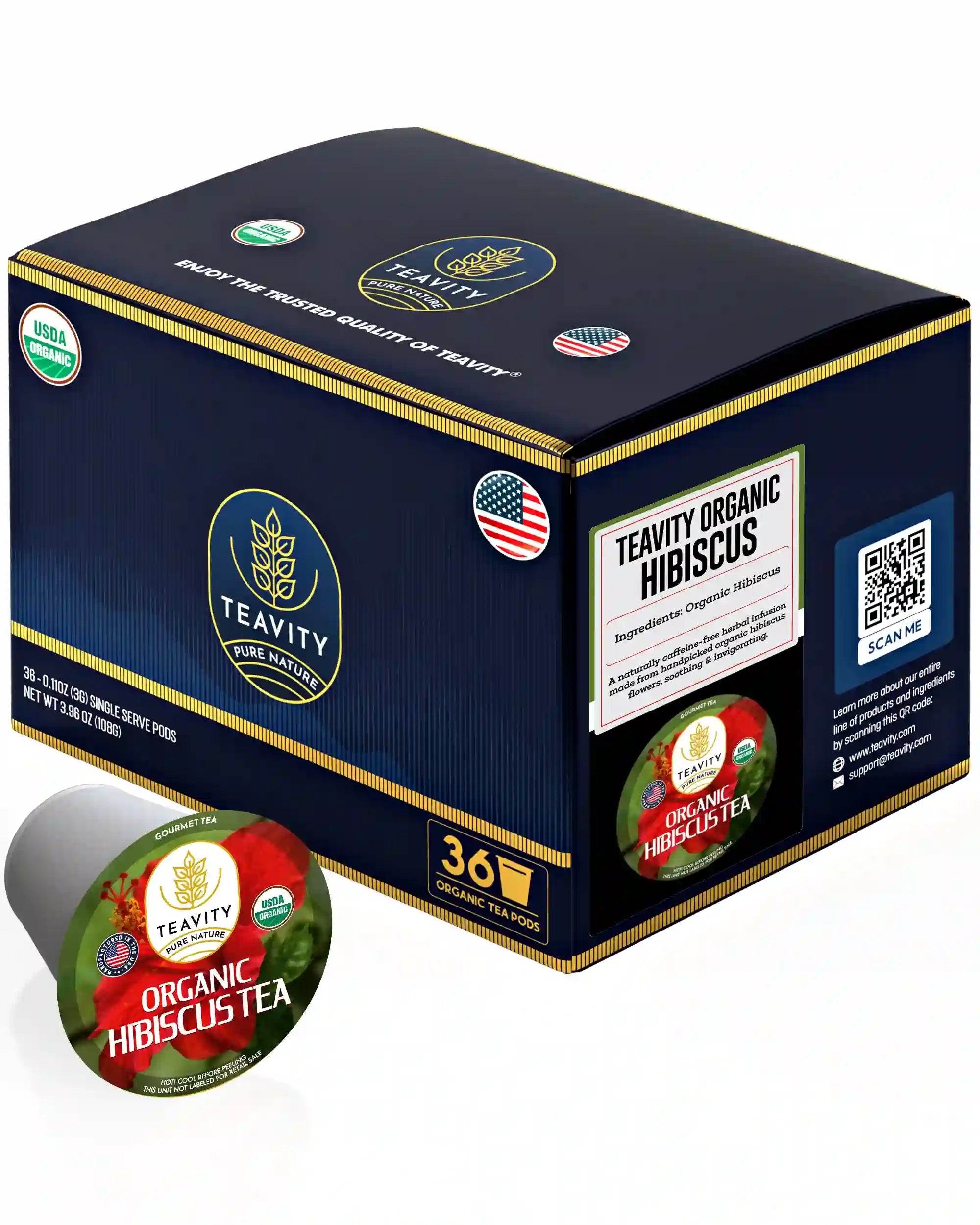 Teavity organic hibiscus tea pods box sugar-free, 36 count tea pods