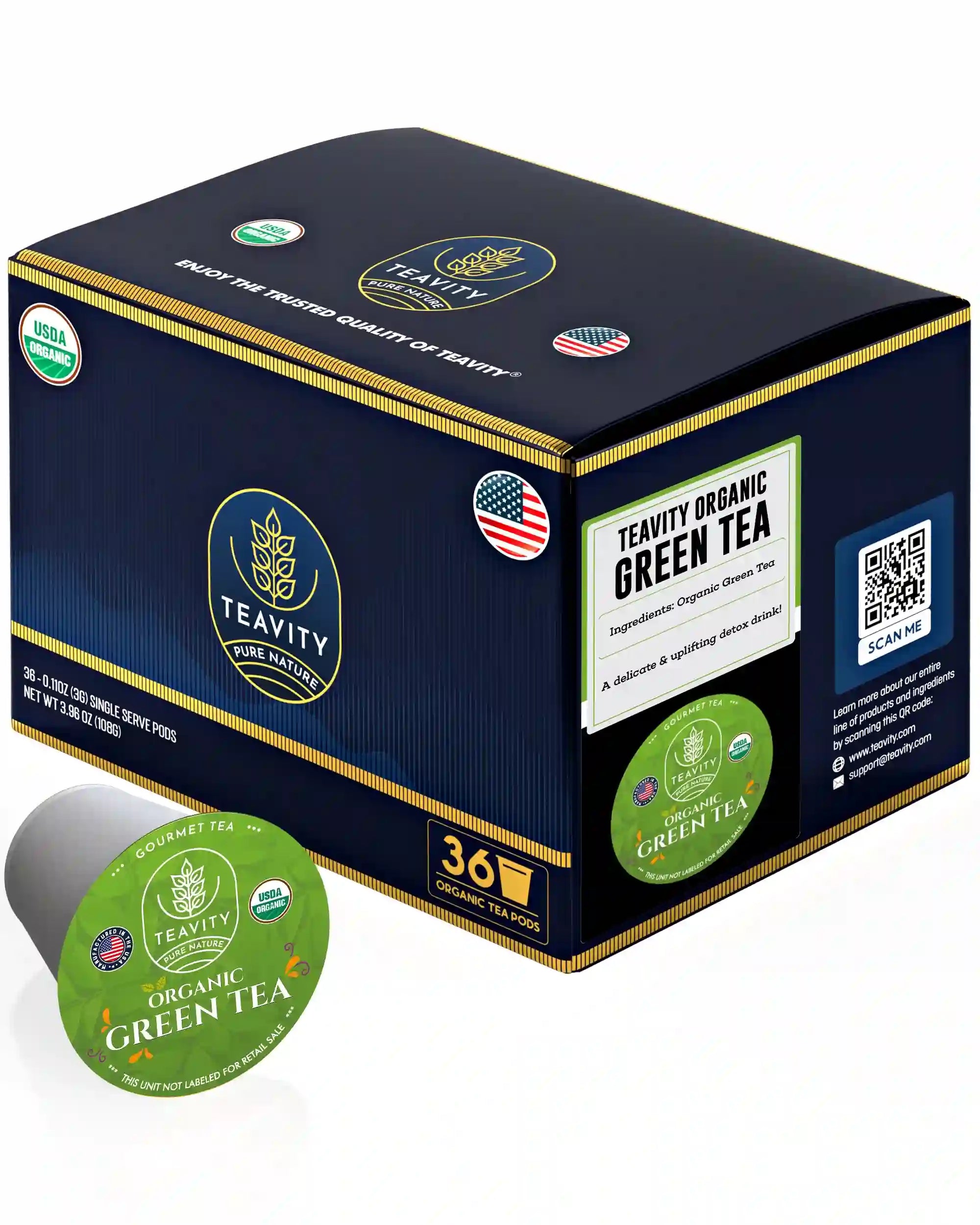 Teavity sugar-free organic green tea pods, Keurig K-cup compatible 36 count tea pods box