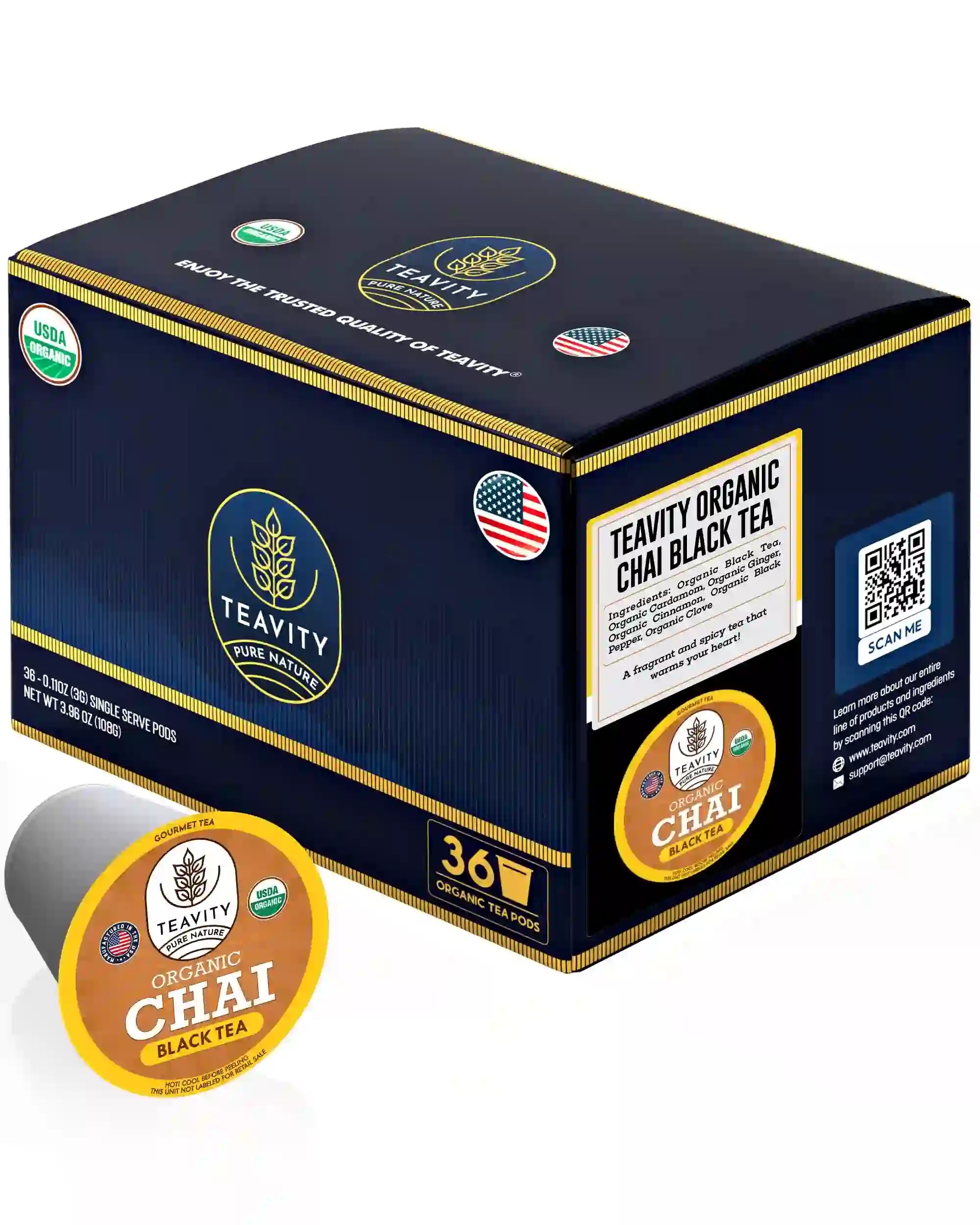 Teavity Organic Chai Black Tea, 36 tea pods box