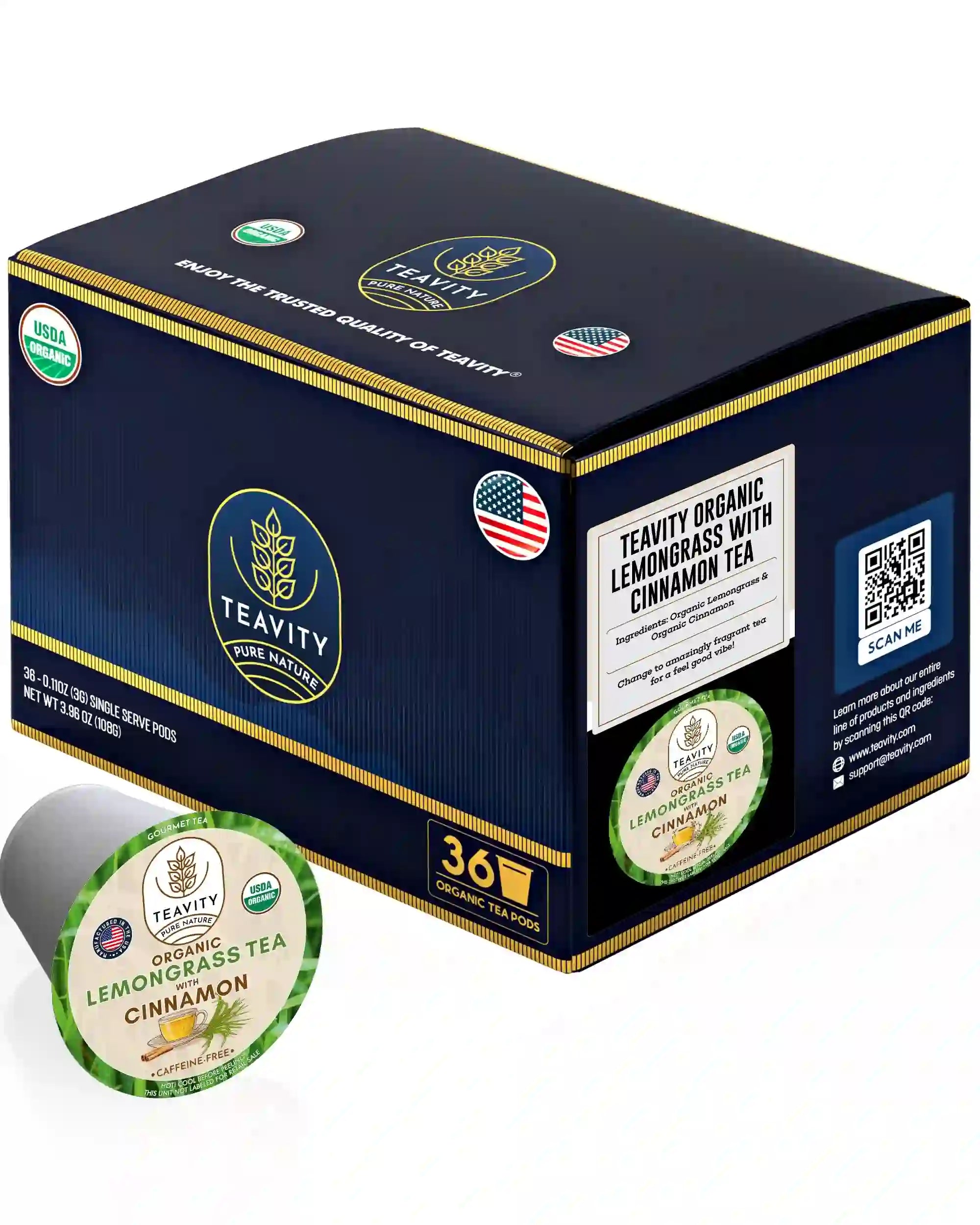 Organic Lemongrass Tea with Cinnamon, 36 organic tea pods box