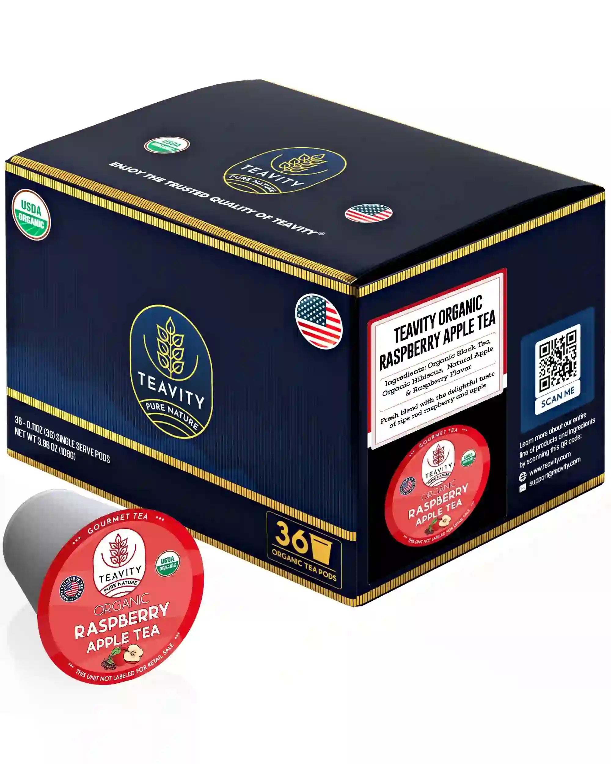 Teavity Organic Raspberry Apple Tea, 36 tea pods count box
