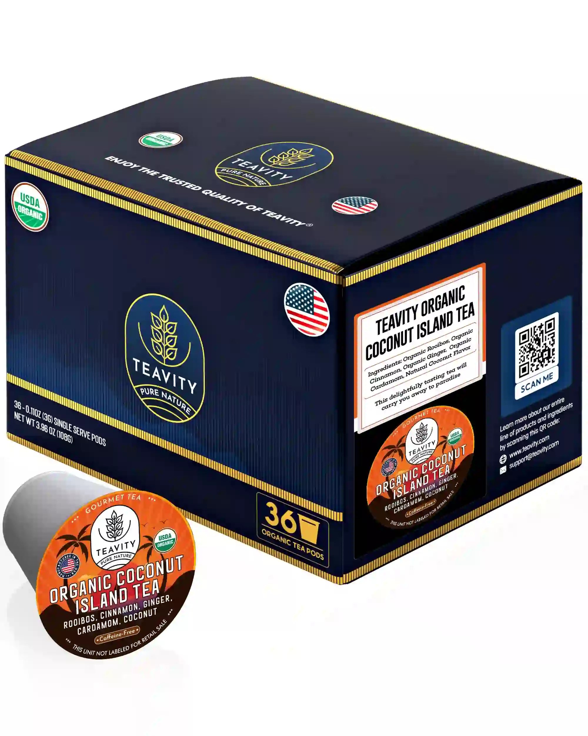 Teavity Organic Coconut Island Rooibos Tea Pods 36 count box and single serve pod