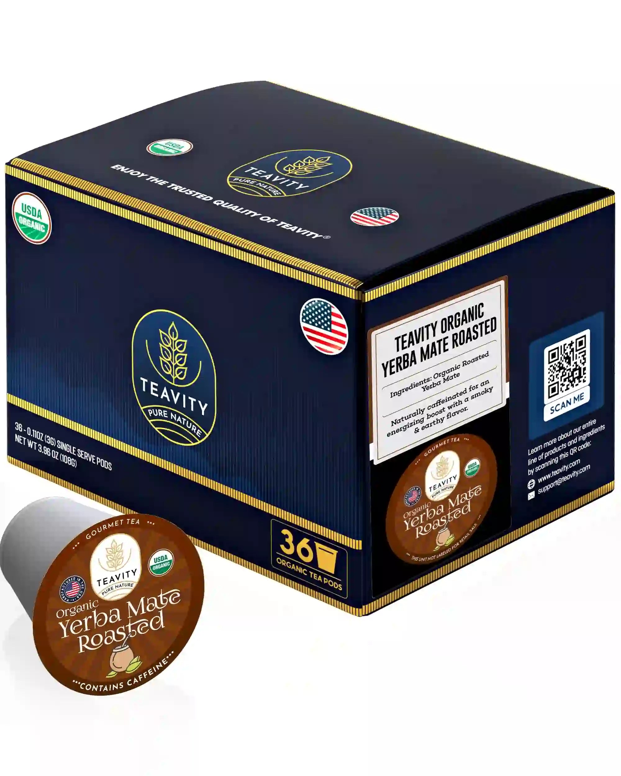 Teavity organic roasted yerba mate tea pods for Keurig, 36 count pack