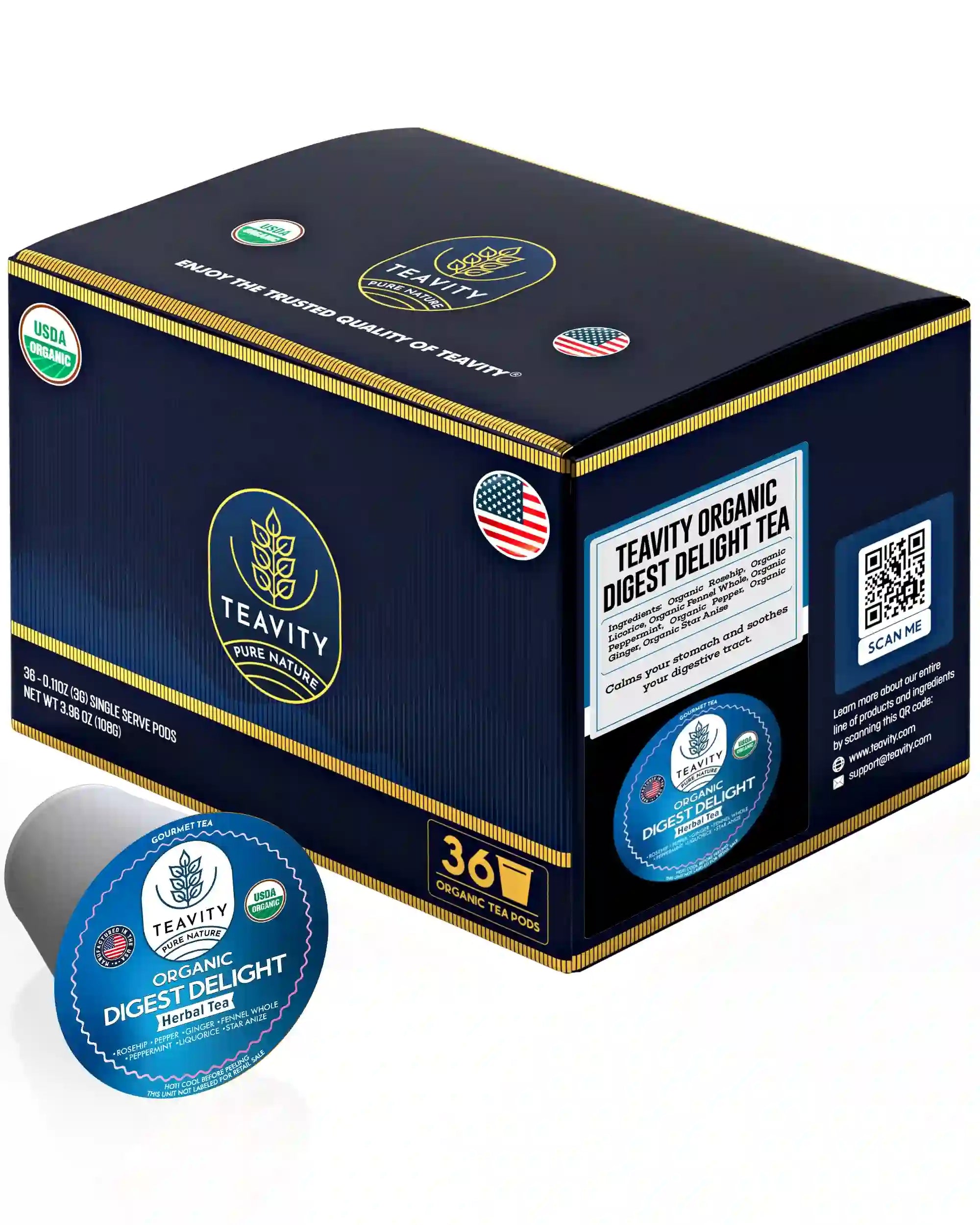 Teavity organic Digest Delight tea pods sugar free 36 count box