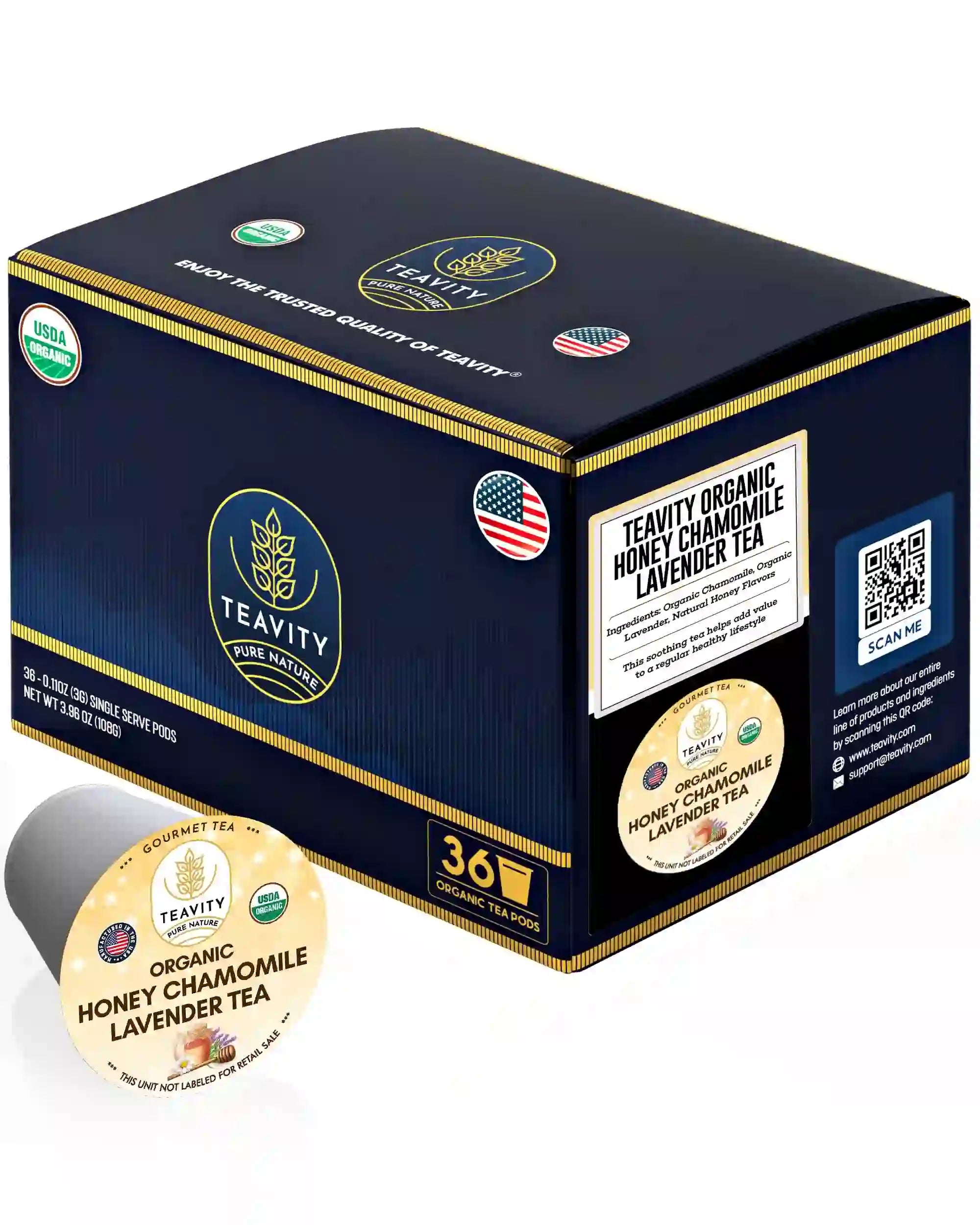 Teavity Organic Honey Chamomile & Lavender Tea Pods, 36 count box with USDA Organic seal & pod