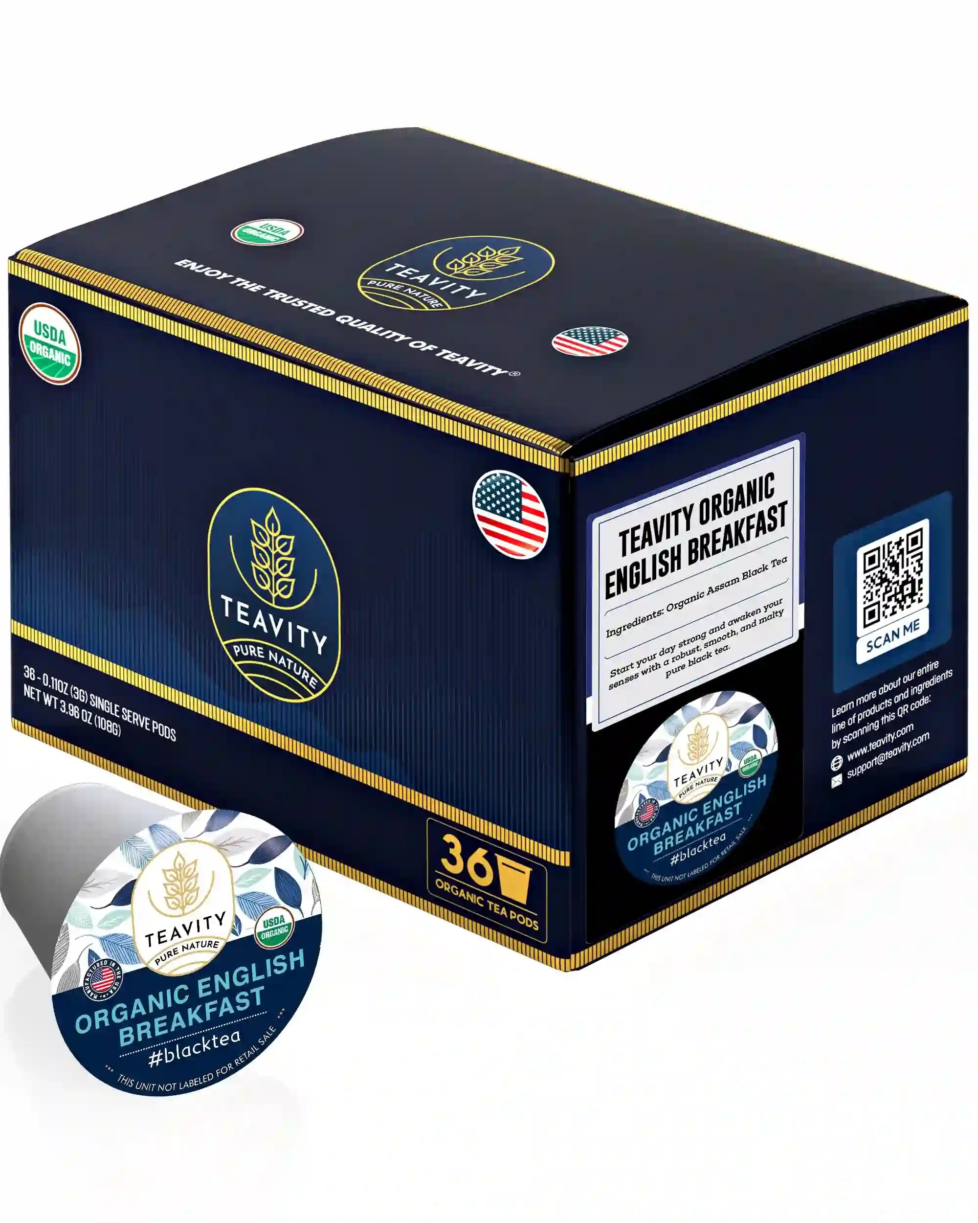 Teavity organic English Breakfast tea pods, 36 count tea pods box for Keurig brewers