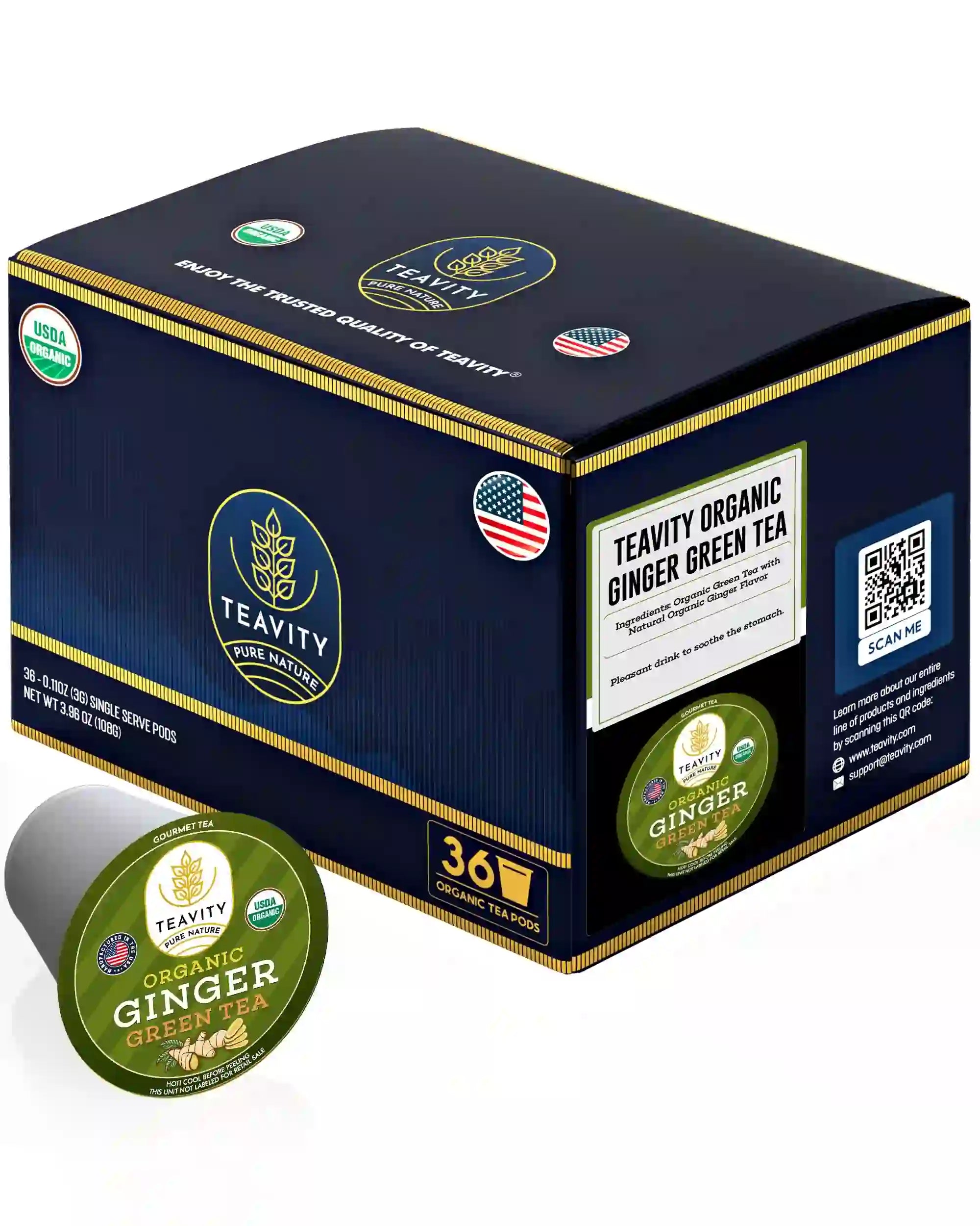 Teavity organic ginger green tea pods box 36 count