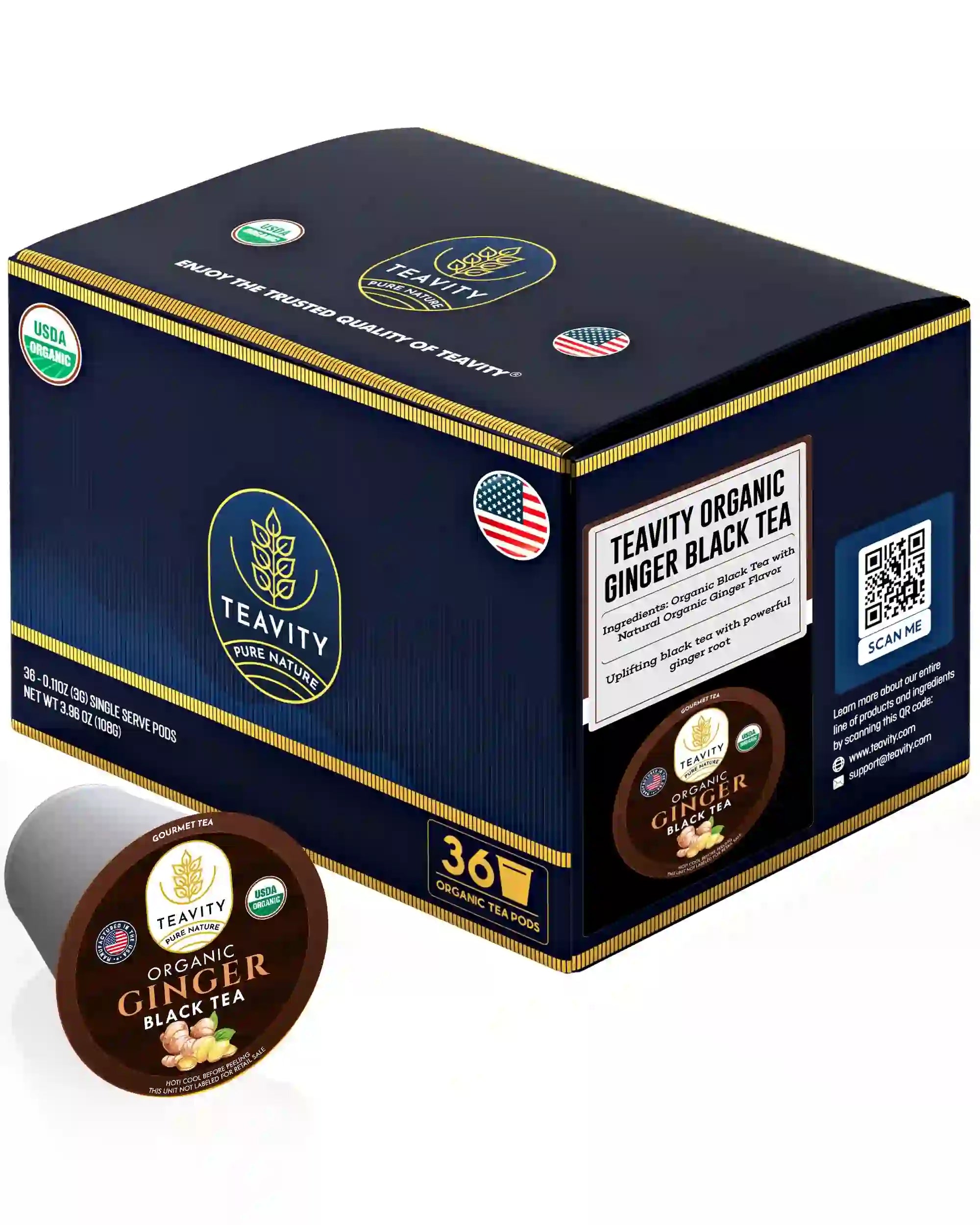 Teavity organic ginger black tea pods Keurig compatible, 36 count tea pods box