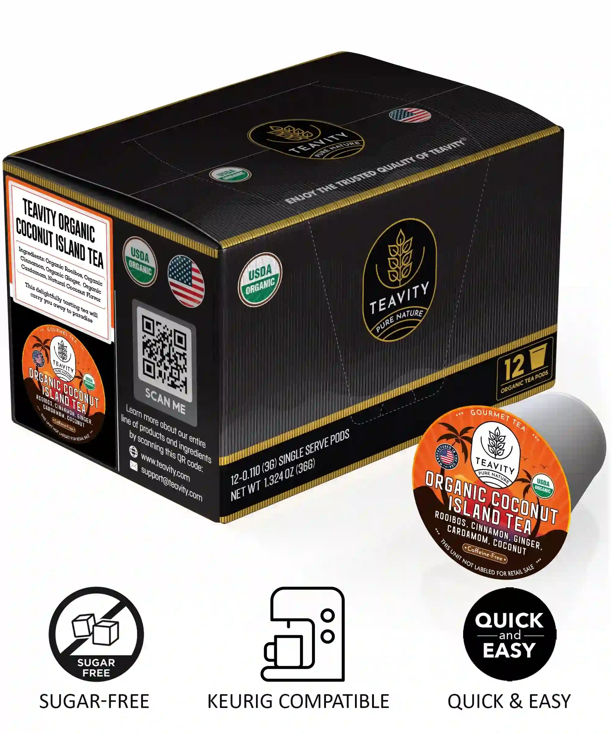 Teavity Organic Coconut Island Rooibos Tea Pods Keurig Compatible