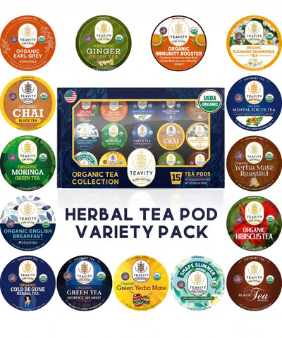 Organic Tea Pods Variety Gift Box – 15 Count Sampler of Caffeinated & Caffeine-Free Blends