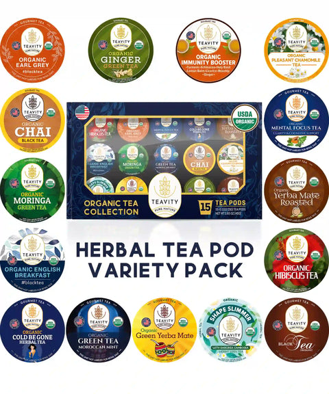 Organic Tea Pods Variety Gift Box – 15 Count Sampler of Caffeinated & Caffeine-Free Blends