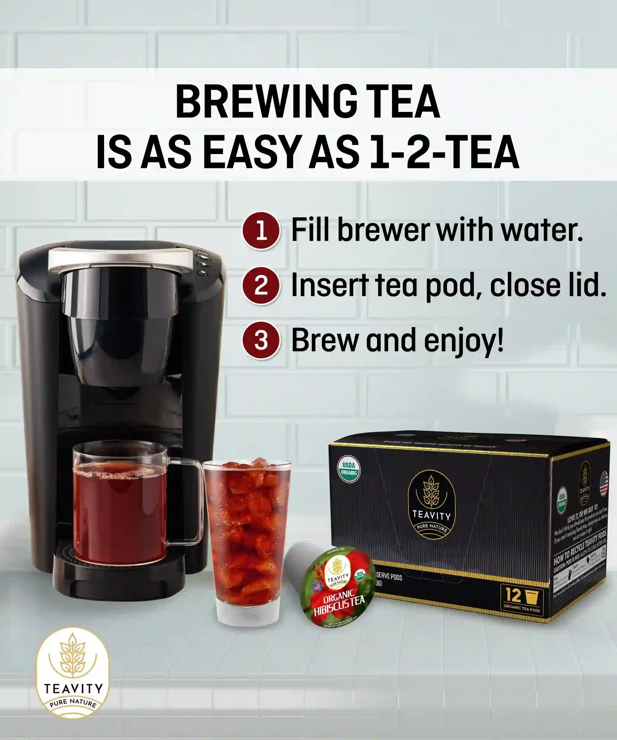 Brewing instructions for Teavity organic hibiscus tea pods in K-Cup machines