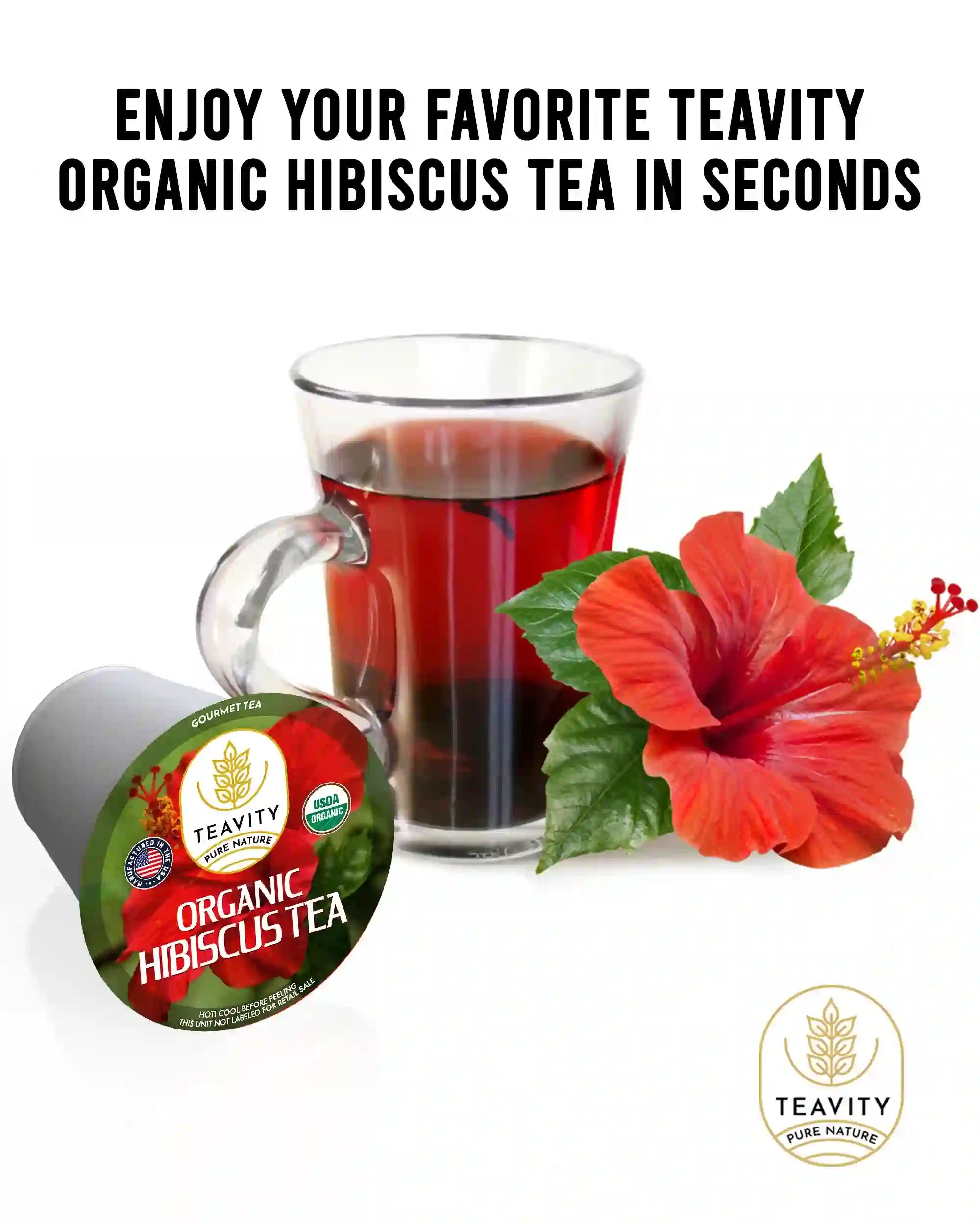 Teavity organic hibiscus tea pod with fresh brewed red tea and hibiscus flower