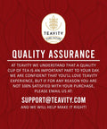 Teavity quality assurance guarantee for organic tea pods red bg