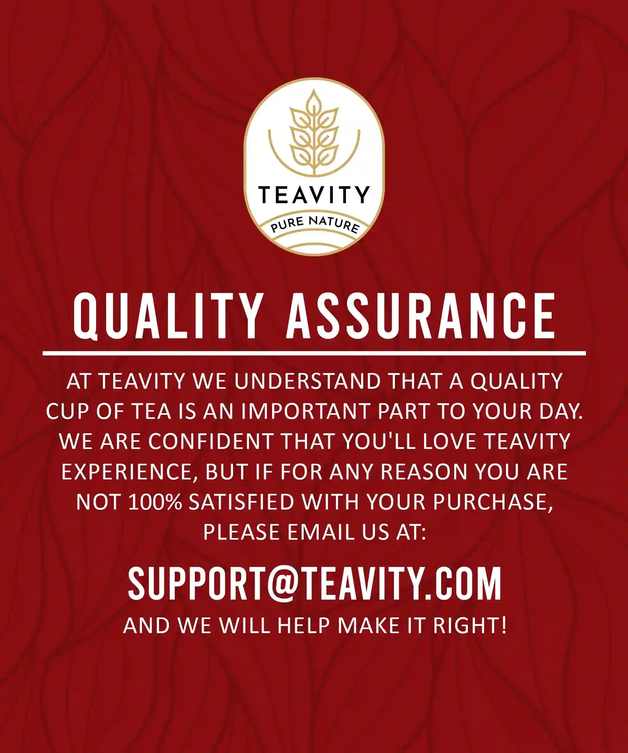 Teavity quality assurance guarantee for organic tea pods red bg
