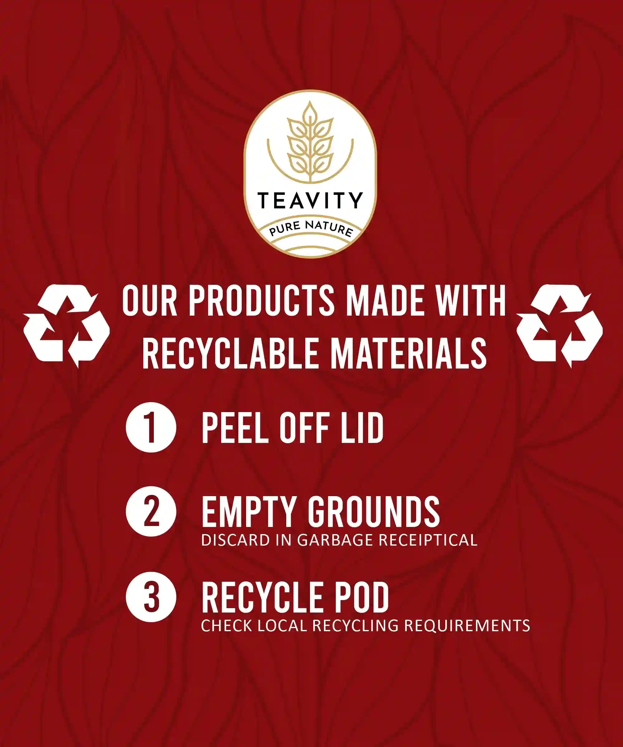 Recyclable Teavity tea pod disposal instructions for eco-friendly brewing red bg