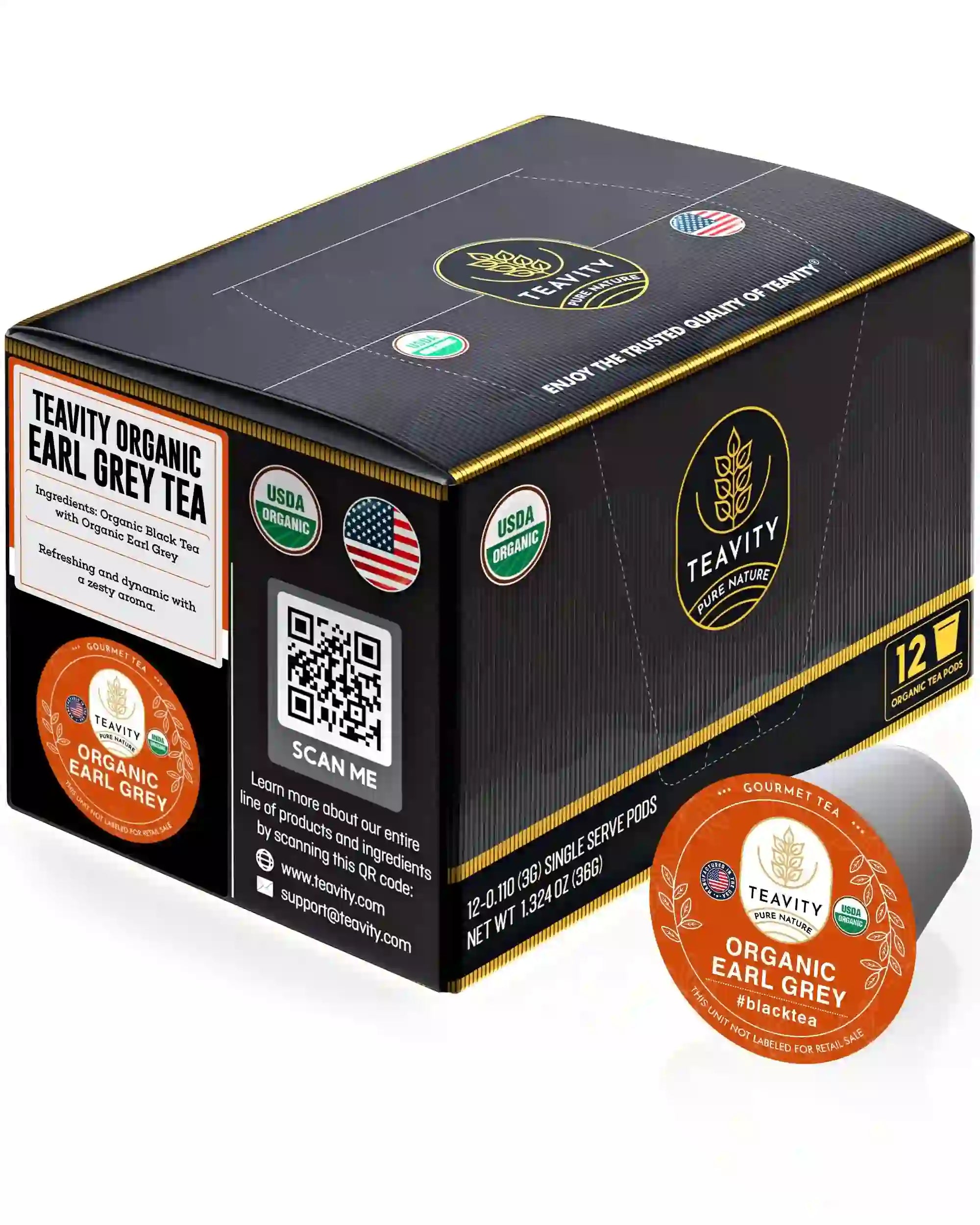 Teavity Organic Earl Grey Black Tea, 12 count tea pods box