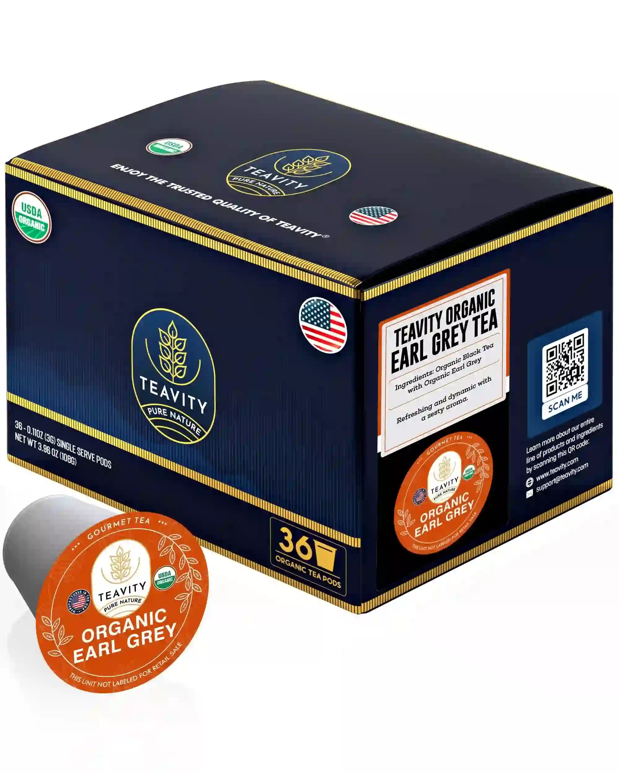 Teavity Organic Earl Grey Black Tea, 36 count tea pods box