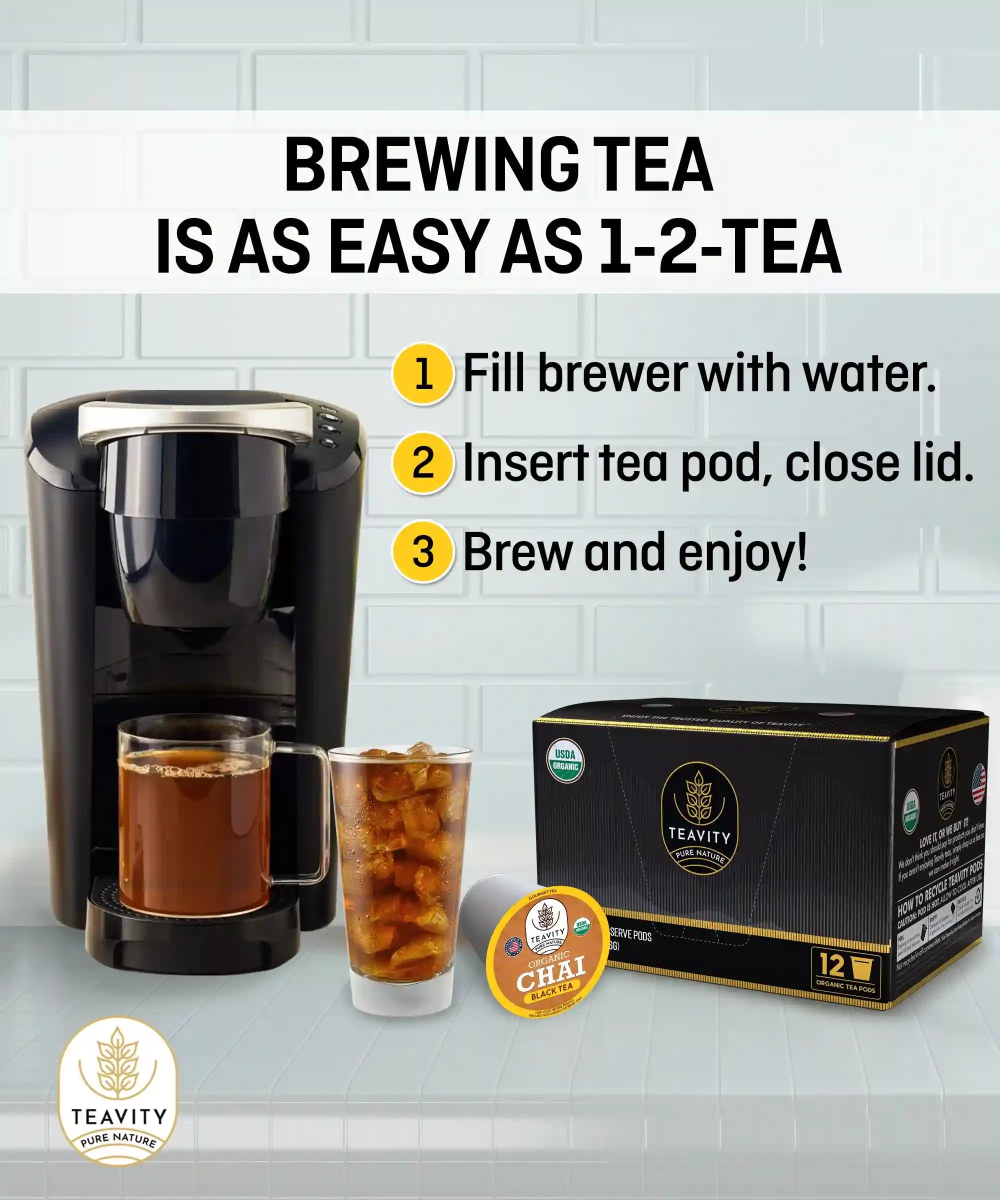 Organic chai black tea pods for Keurig, bold spiced brew hot or iced