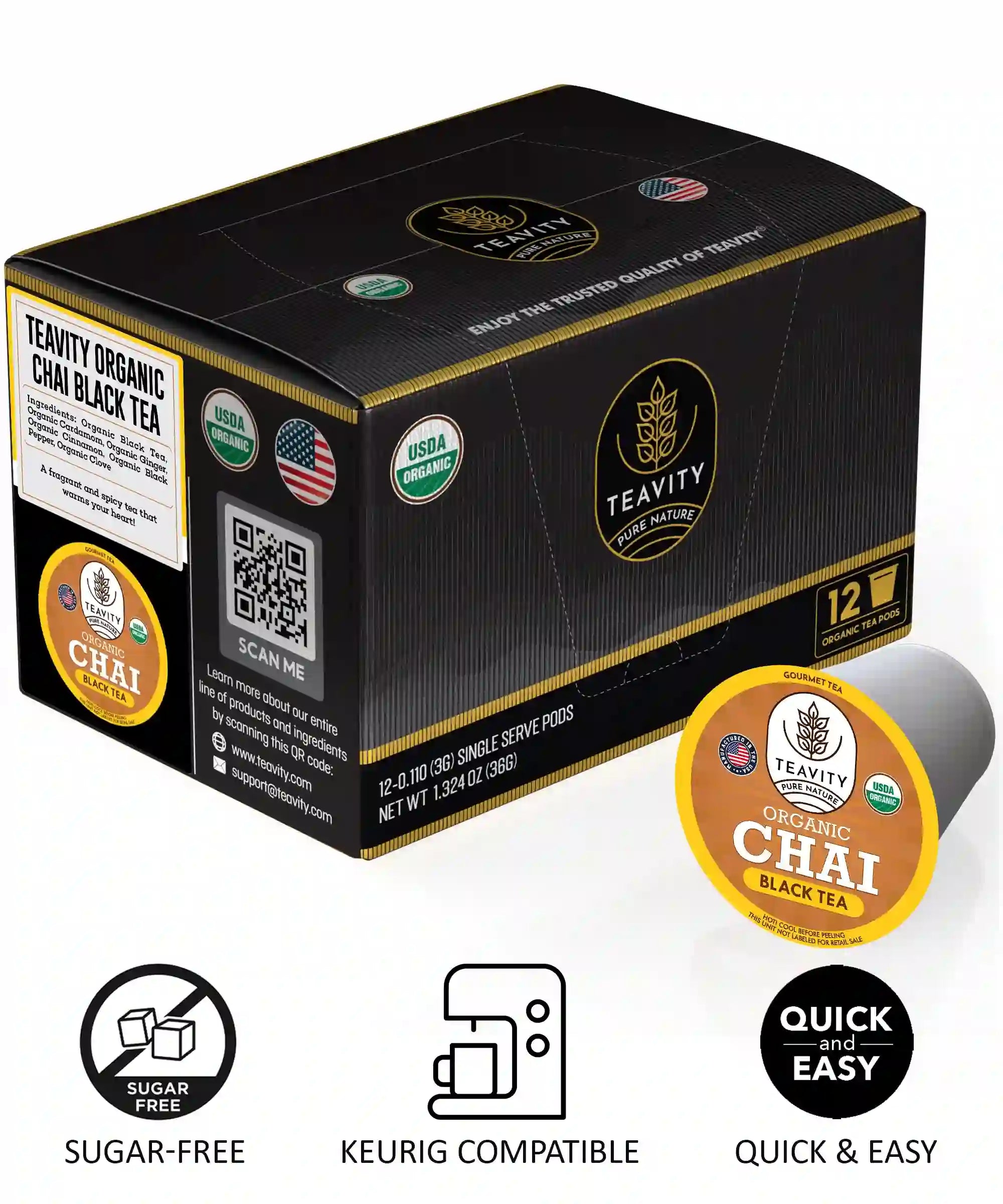 Teavity organic chai black tea pods sugar free Keurig compatible 12 count box