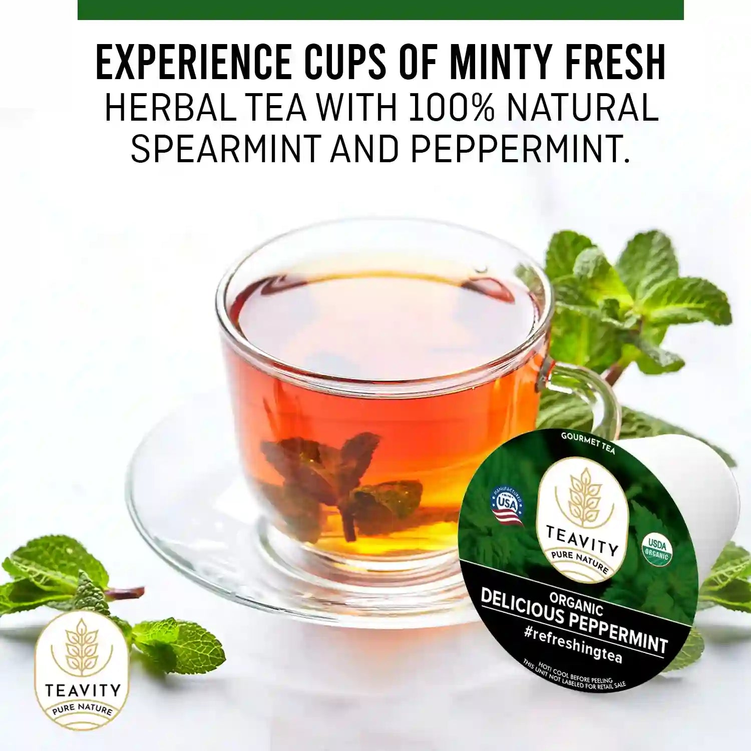Experience Cups Of Minty Fresh Herbal Tea With 100% Natural Spearmint And Peppermint from Teavity