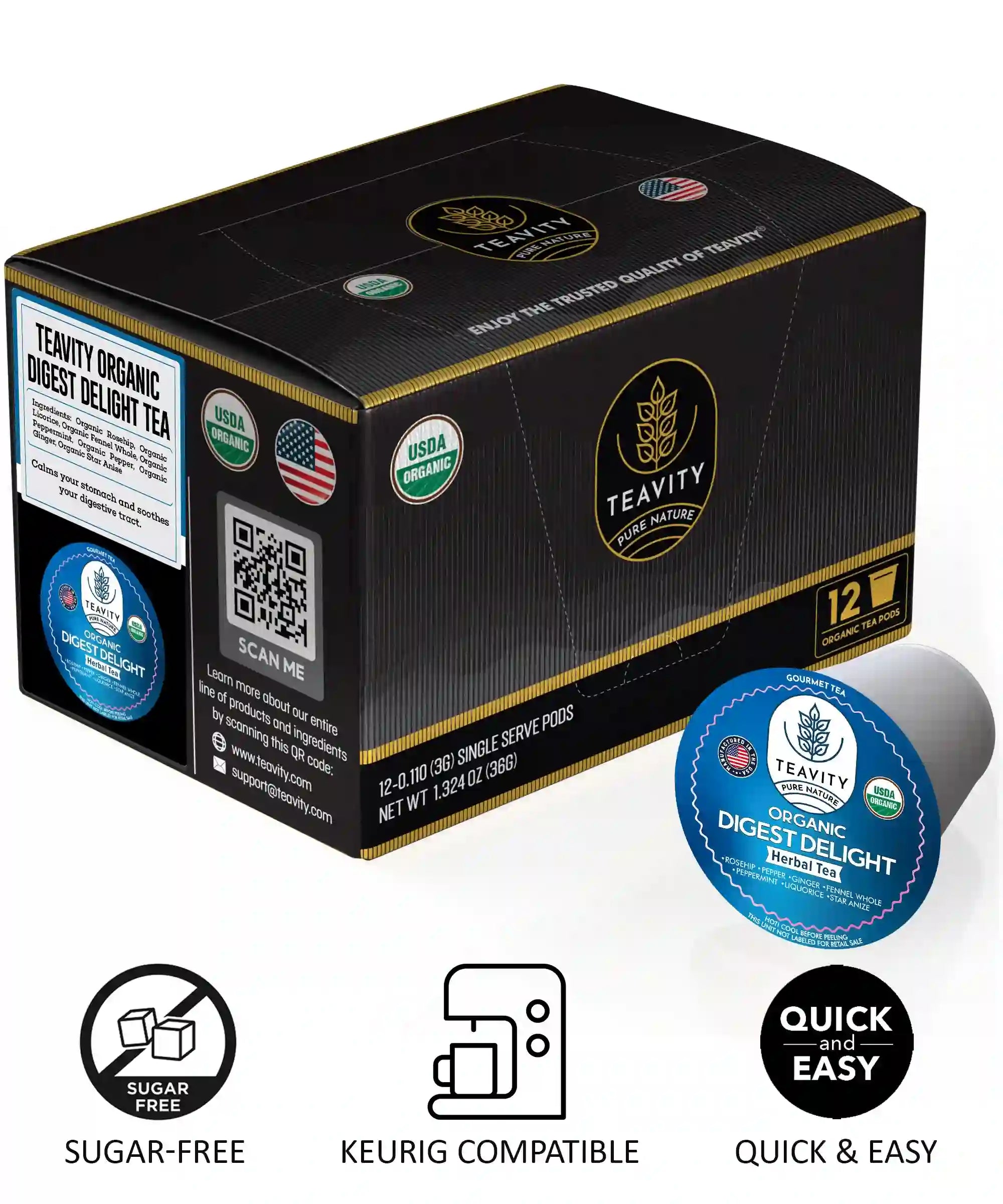 Teavity organic Digest Delight tea pods sugar free Keurig compatible 12 count box