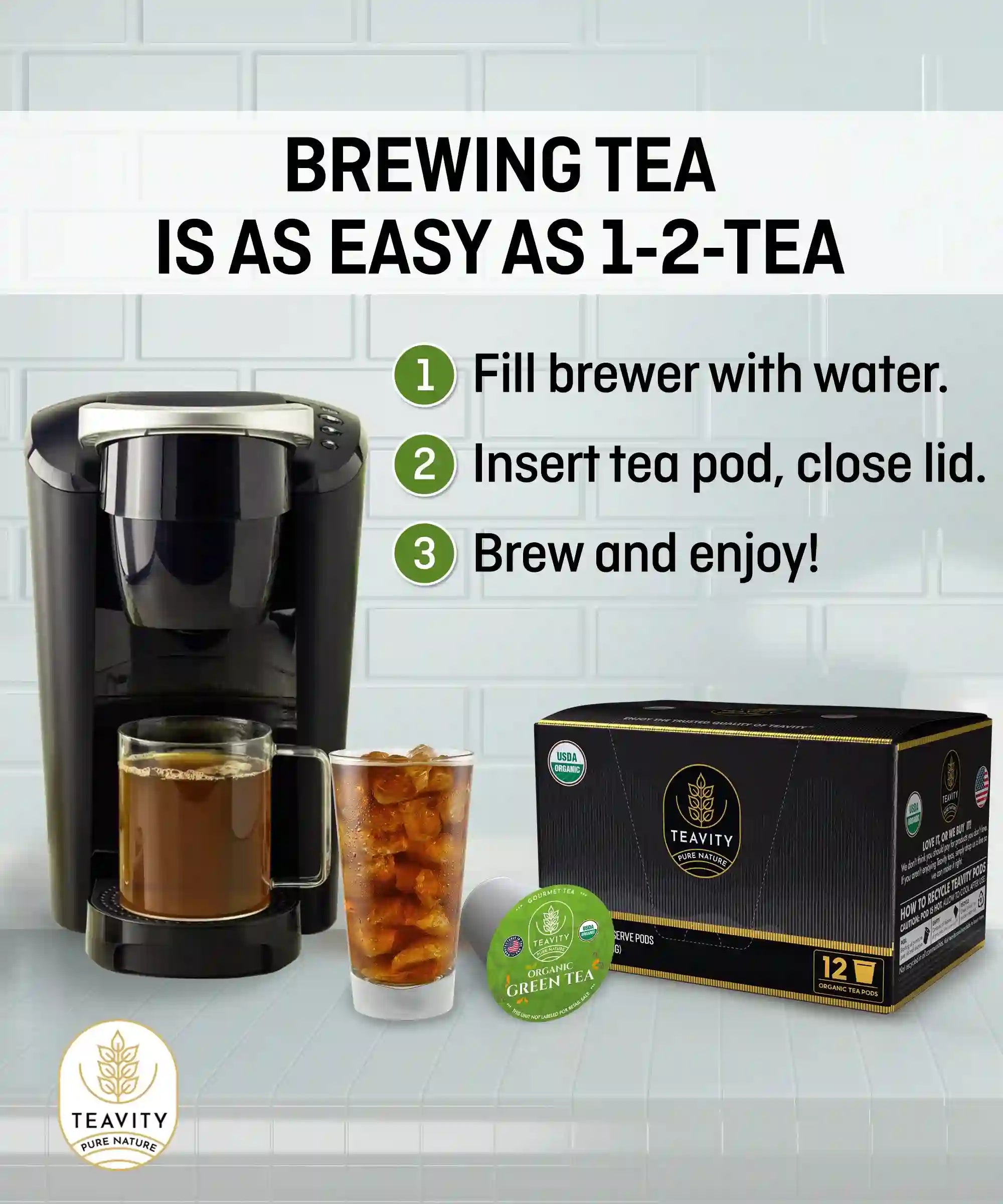 Teavity organic green tea pods Keurig K-cup compatible, Brewing tea ia as easy as 1-2 tea