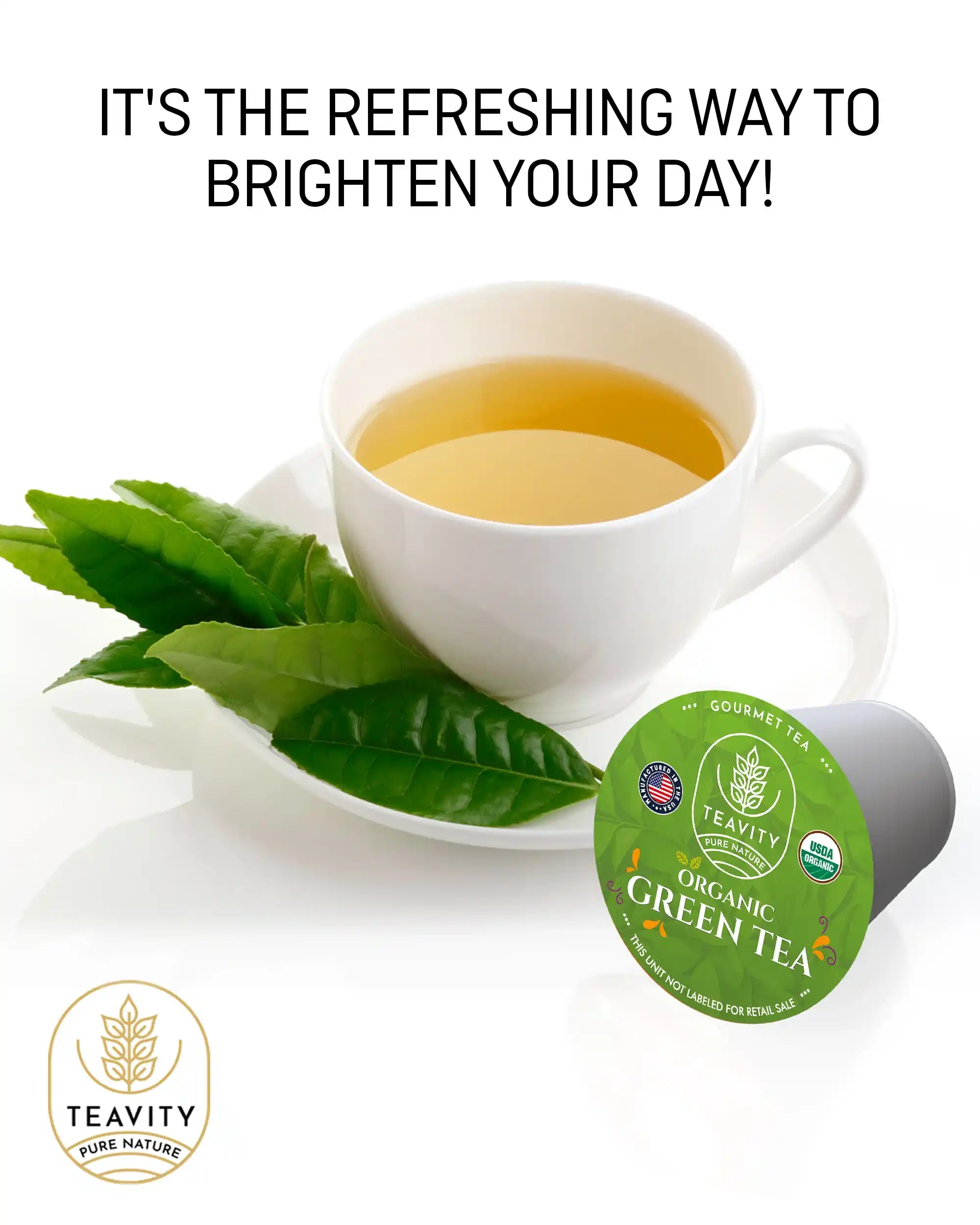 Teavity organic green tea pods with green tea leaves, refreshing way to brighten your day