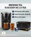 Tea pod machine brewing green tea with easy 1-2-tea instructions