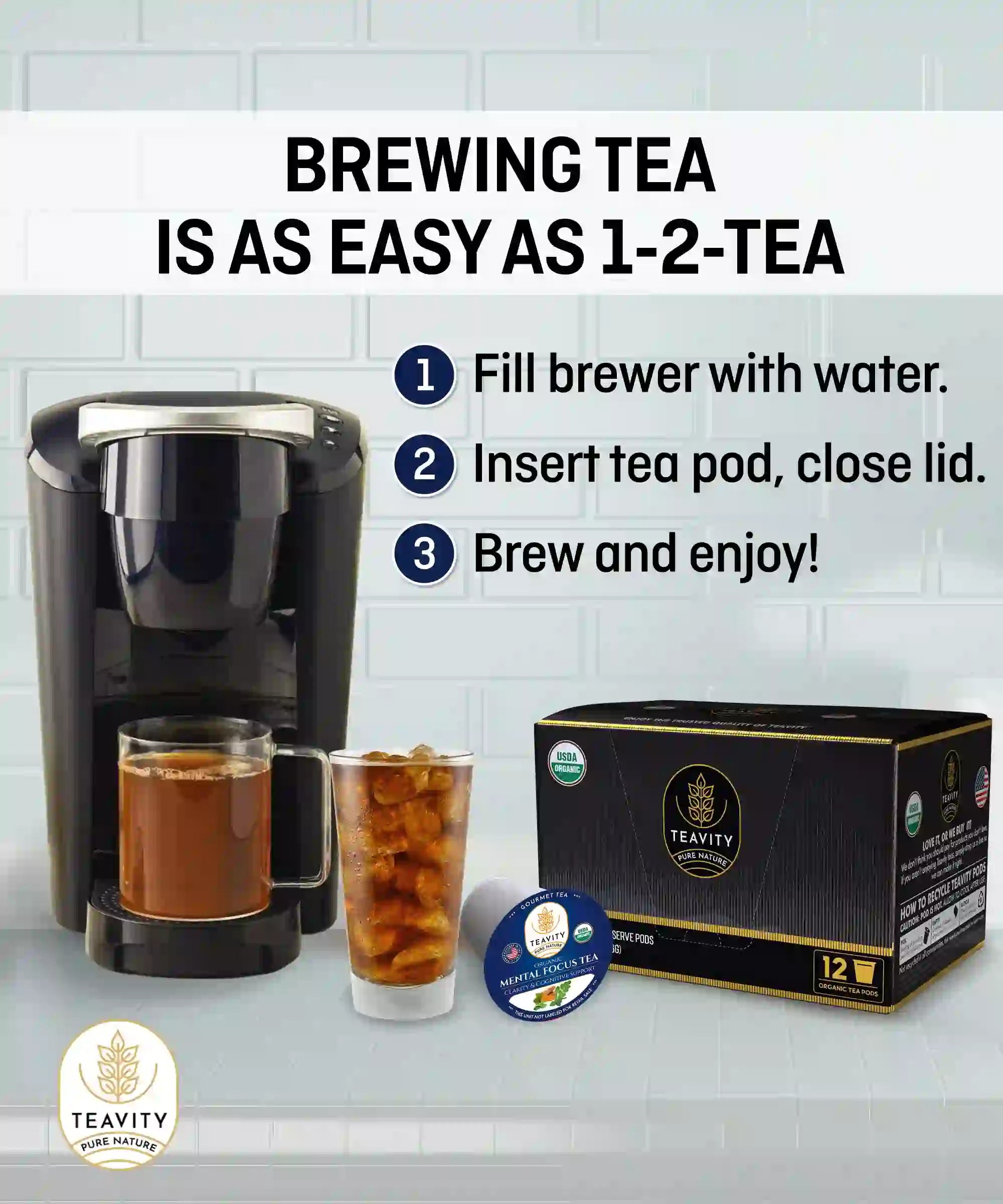 Tea pod machine brewing green tea with easy 1-2-tea instructions