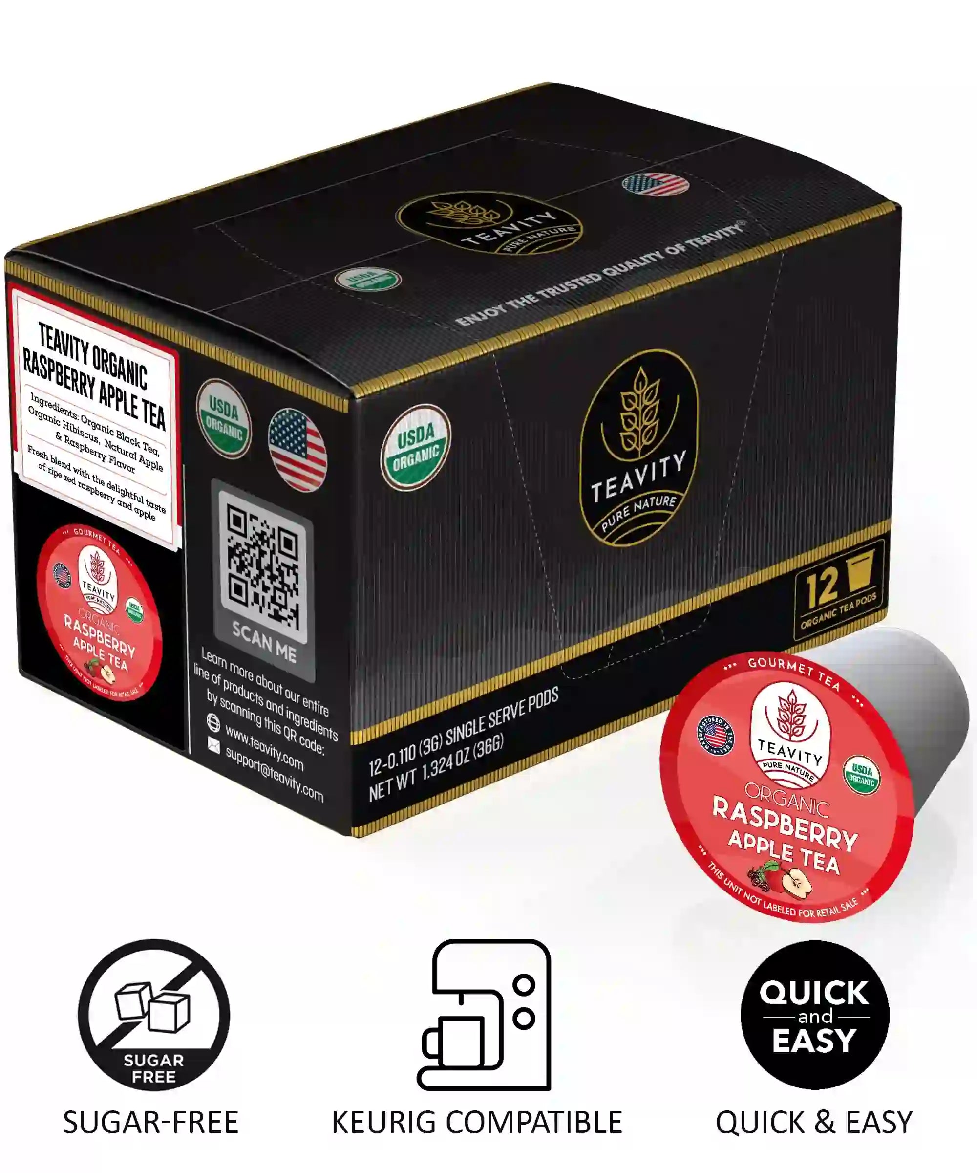 Teavity Organic Raspberry Apple Black Tea Pod, Keurig Compatible