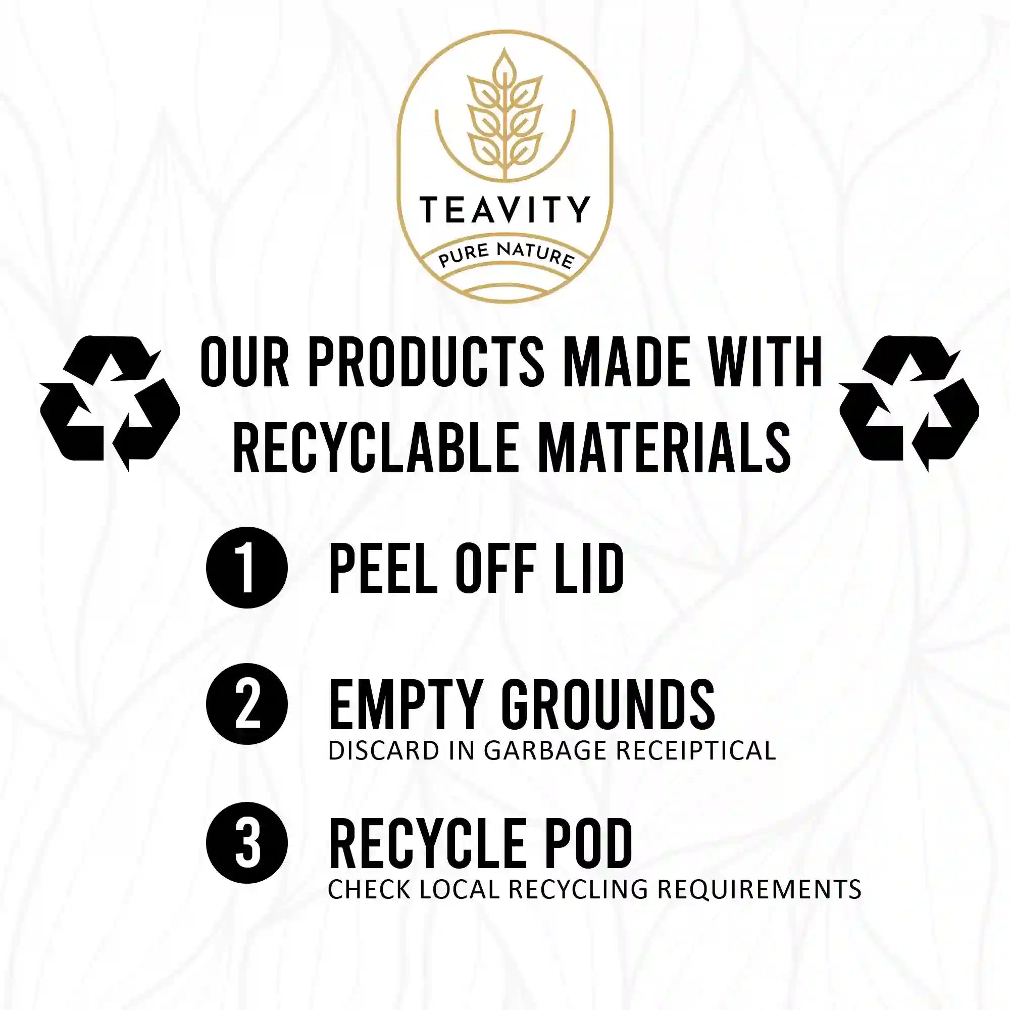 Recyclable Teavity tea pod disposal instructions for eco-friendly brewing white bg