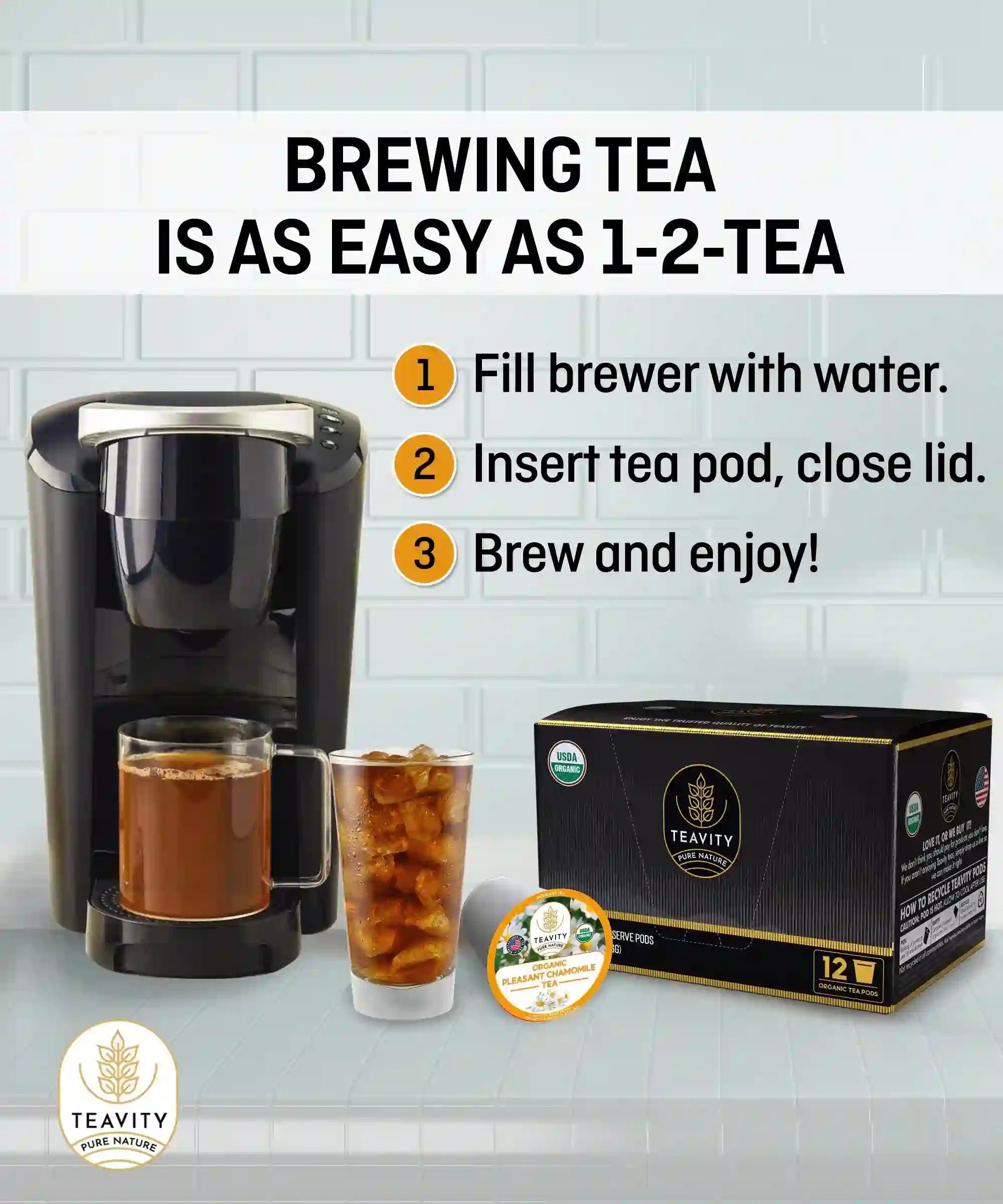 Teavity organic pleasant chamomile tea pods brewing tea is as easy as 1-2-tea