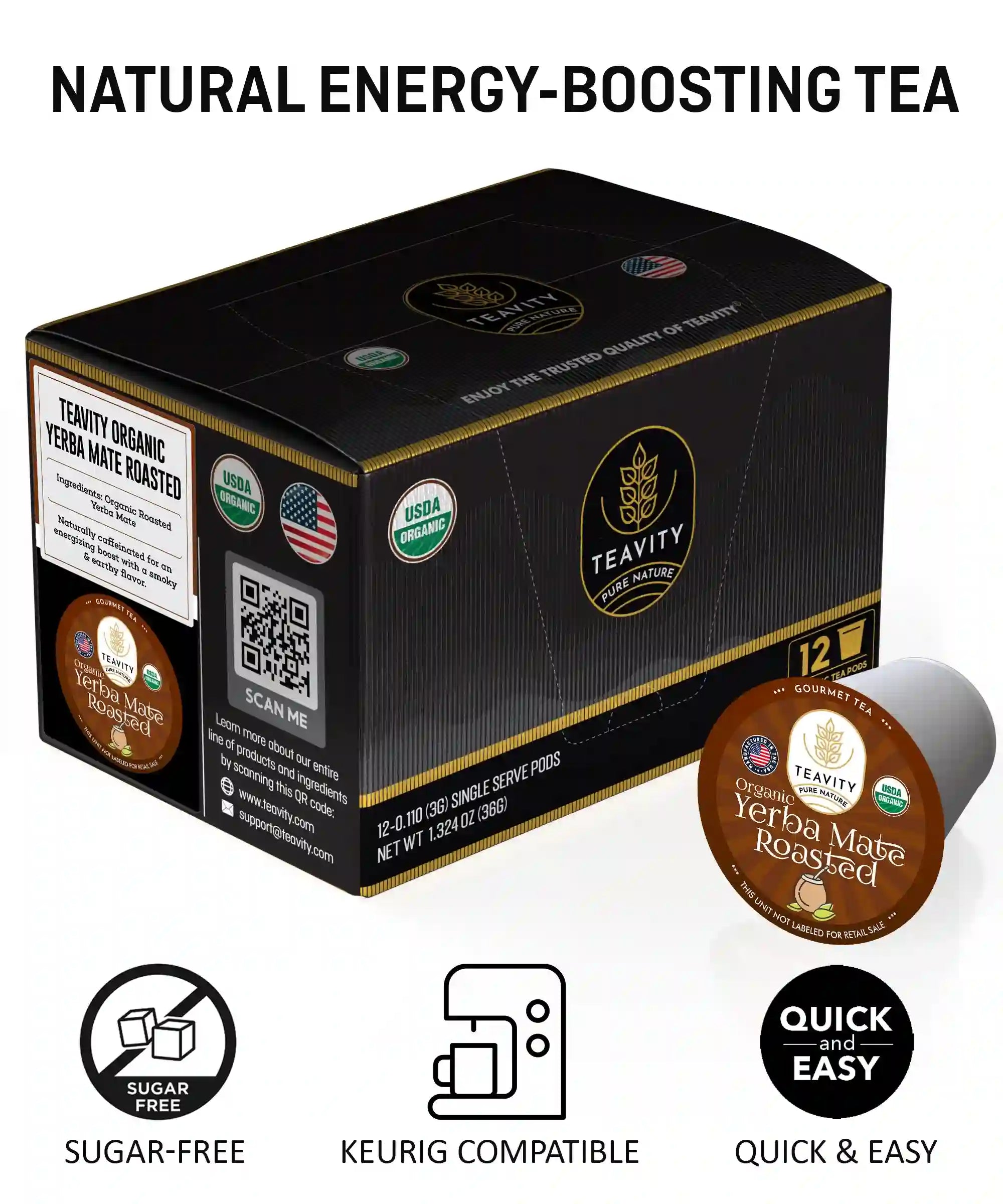 Sugar-free Teavity organic roasted yerba mate energy tea pods, Keurig compatible