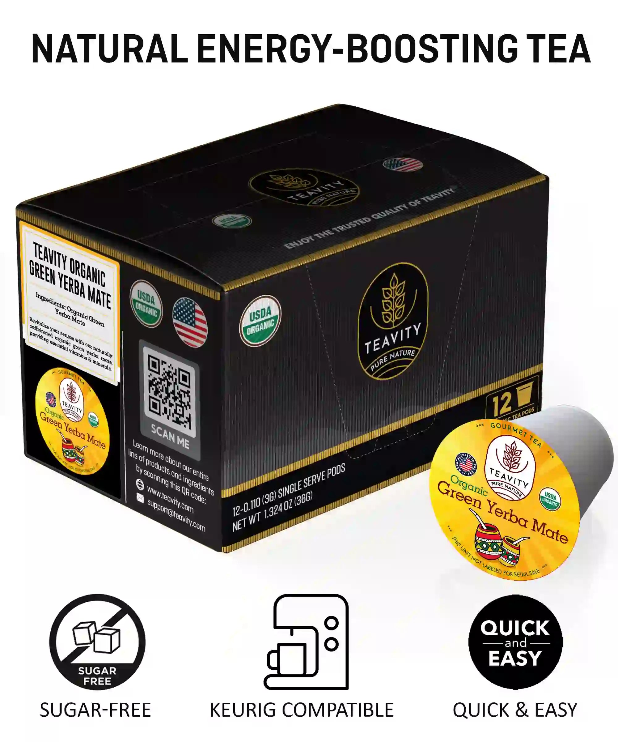 Teavity Organic Green Yerba Mate K Cups 12 count natural energy tea