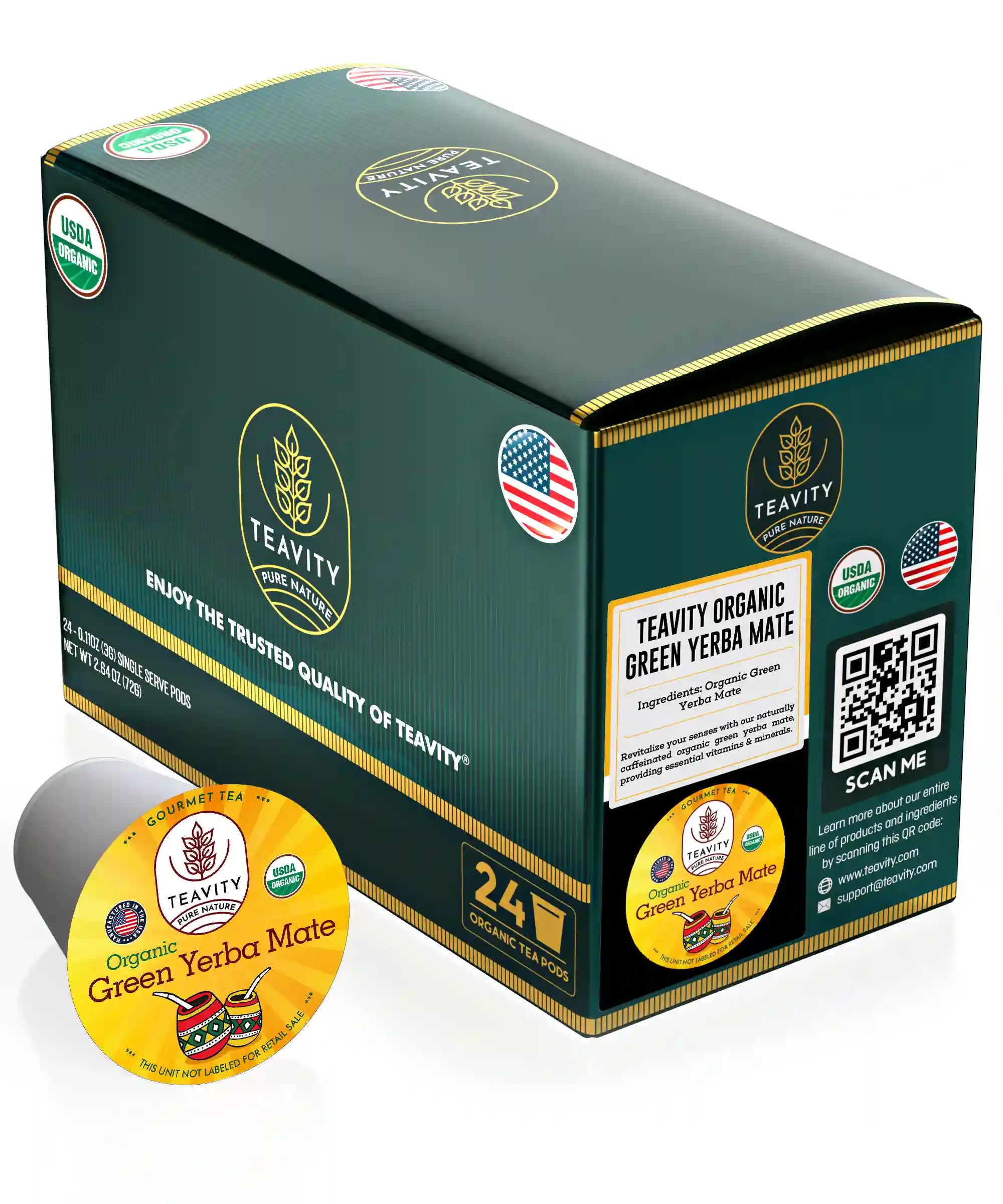 Teavity Organic Green Yerba Mate K Cups box 24 tea pods USDA certified