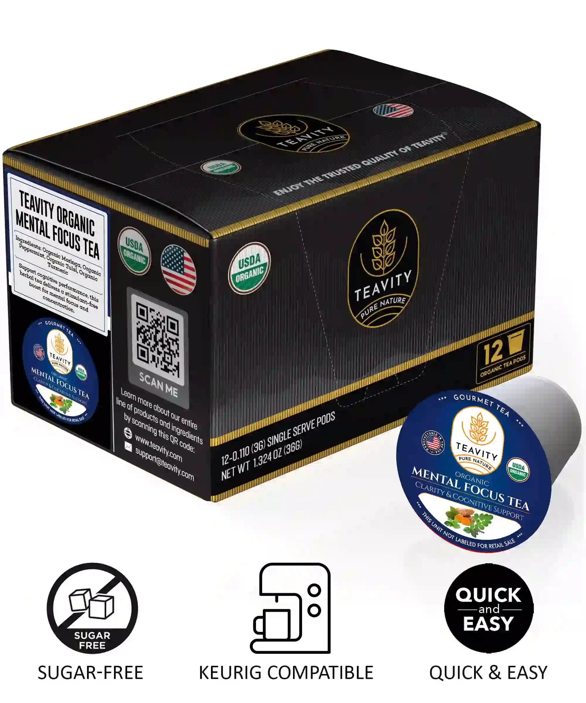Teavity Organic Mental Focus tea pods sugar free Keurig compatible