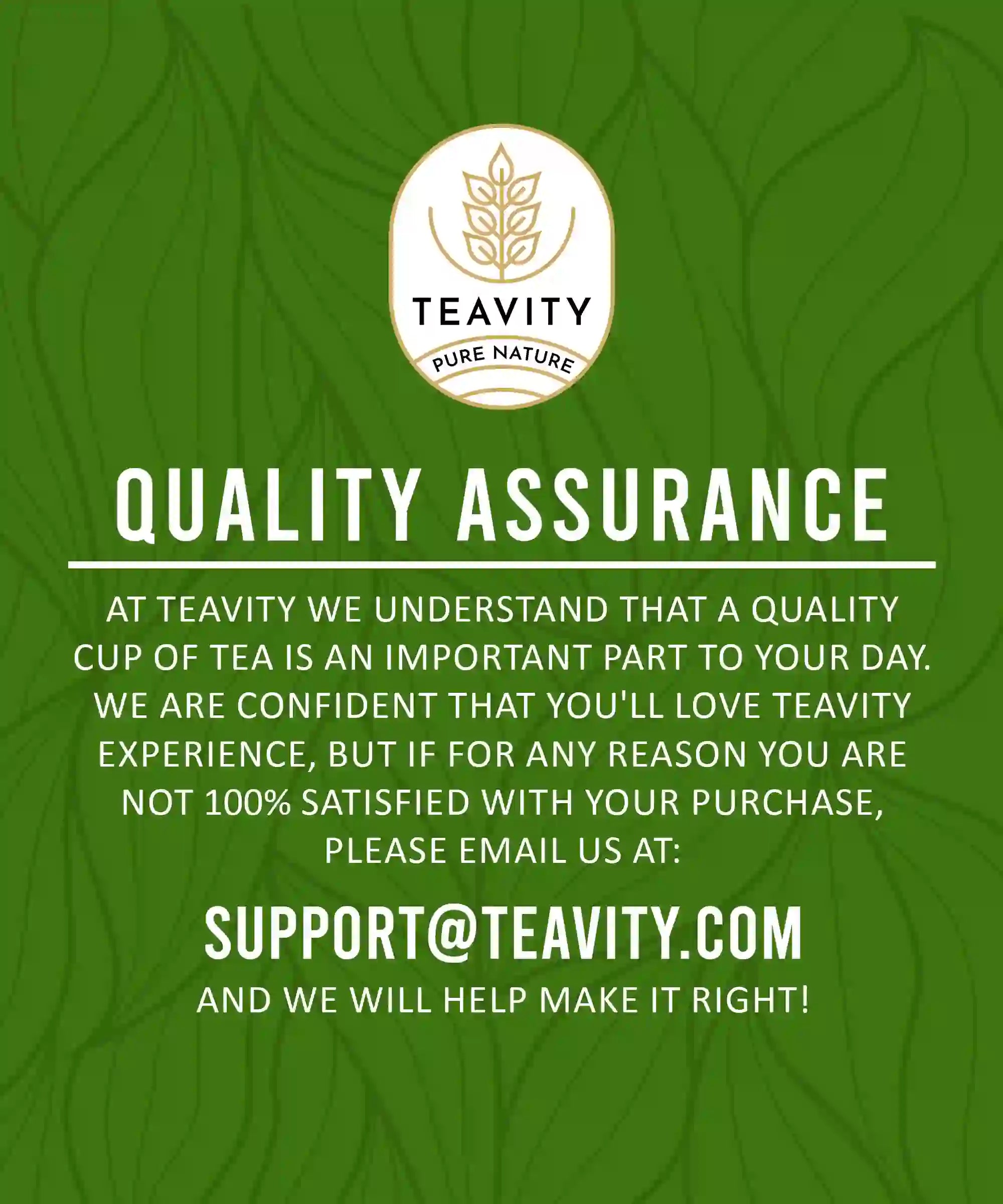 Teavity quality assurance guarantee for organic tea green bg