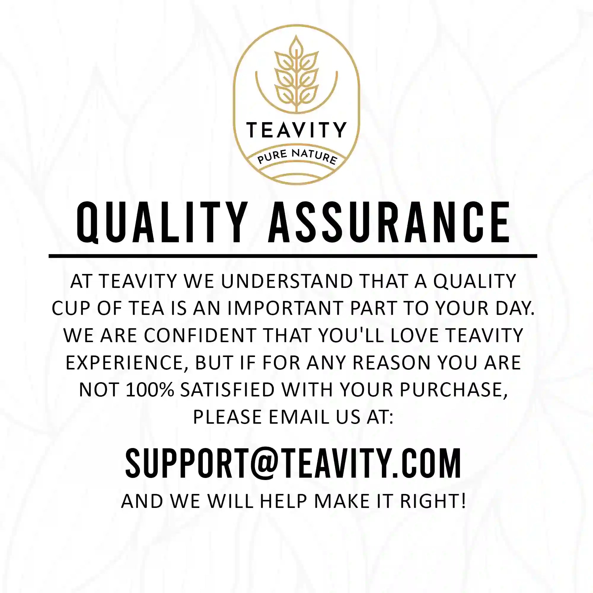 Teavity quality assurance guarantee for organic tea pods white bg