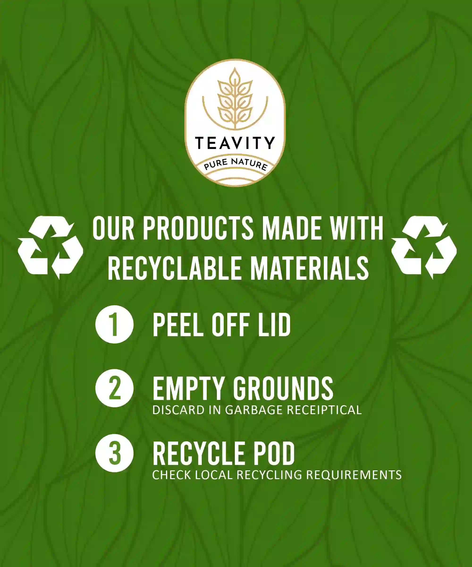 Teavity recyclable tea pods with eco-friendly disposal instructions