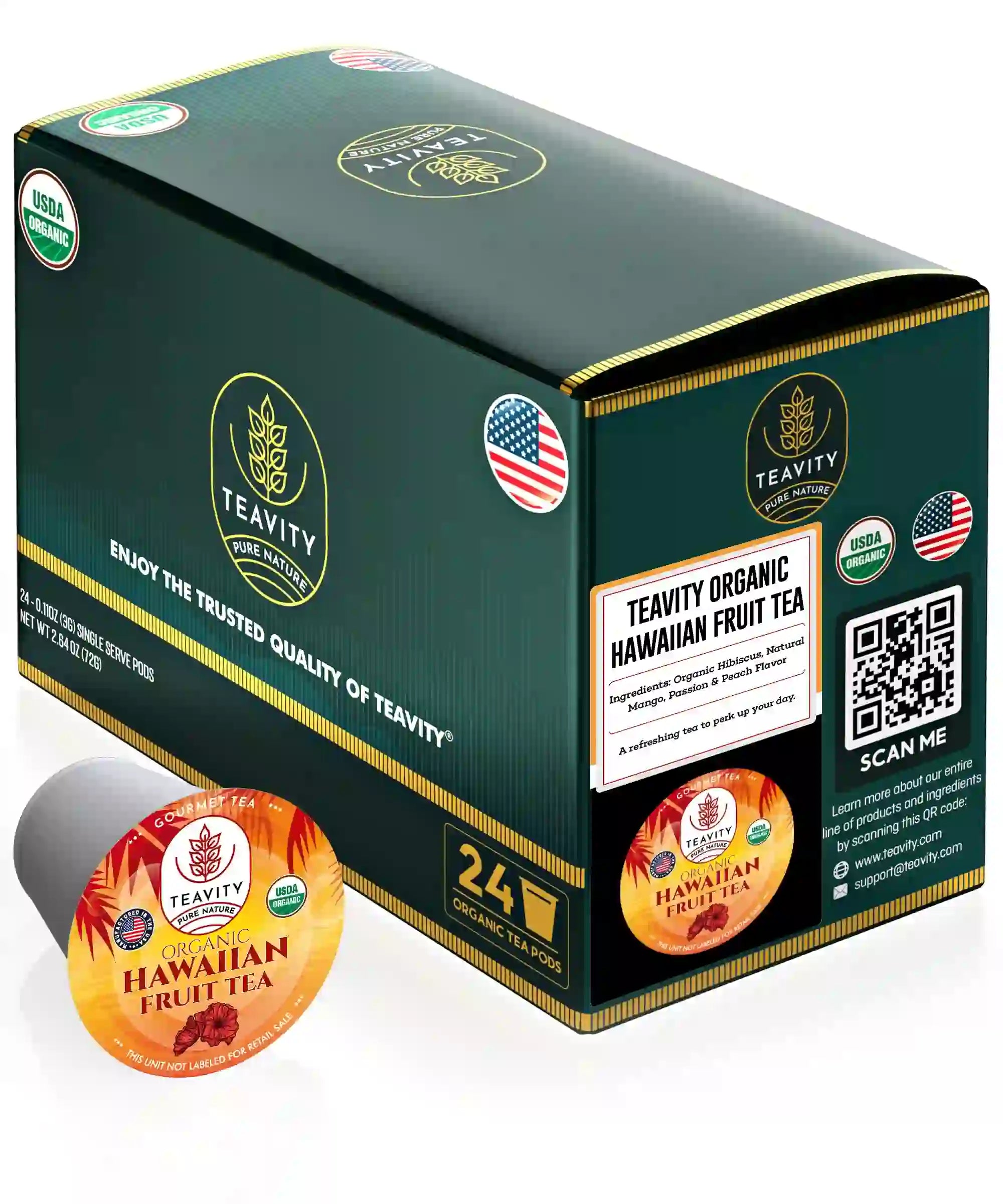 Teavity Organic Hawaiian Fruit Tea Pods 24 count box and single serve pod with USDA Organic seal