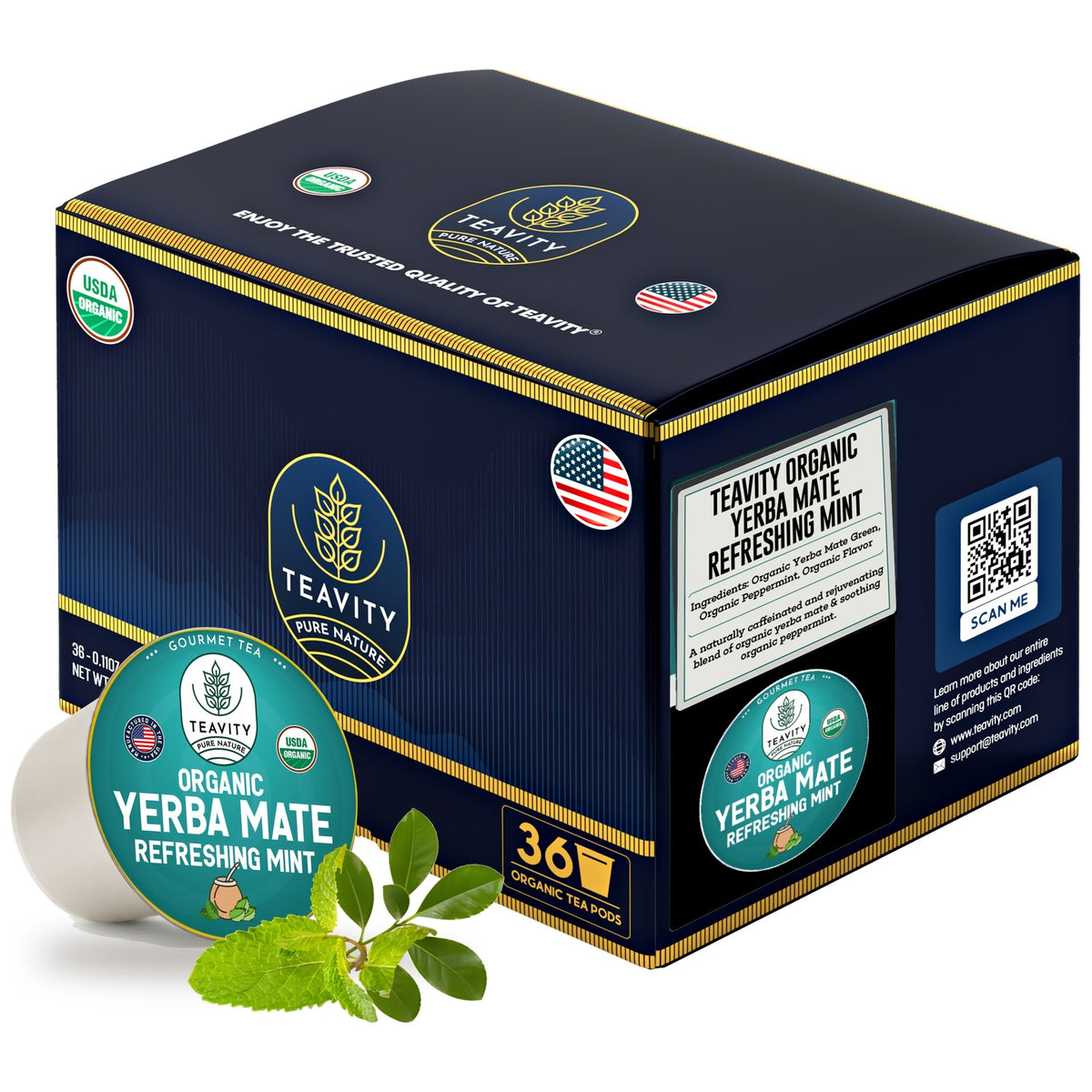 Teavity Organic Yerba Mate Refreshing Mint Tea Pods, 36 count box, K-Cup compatible