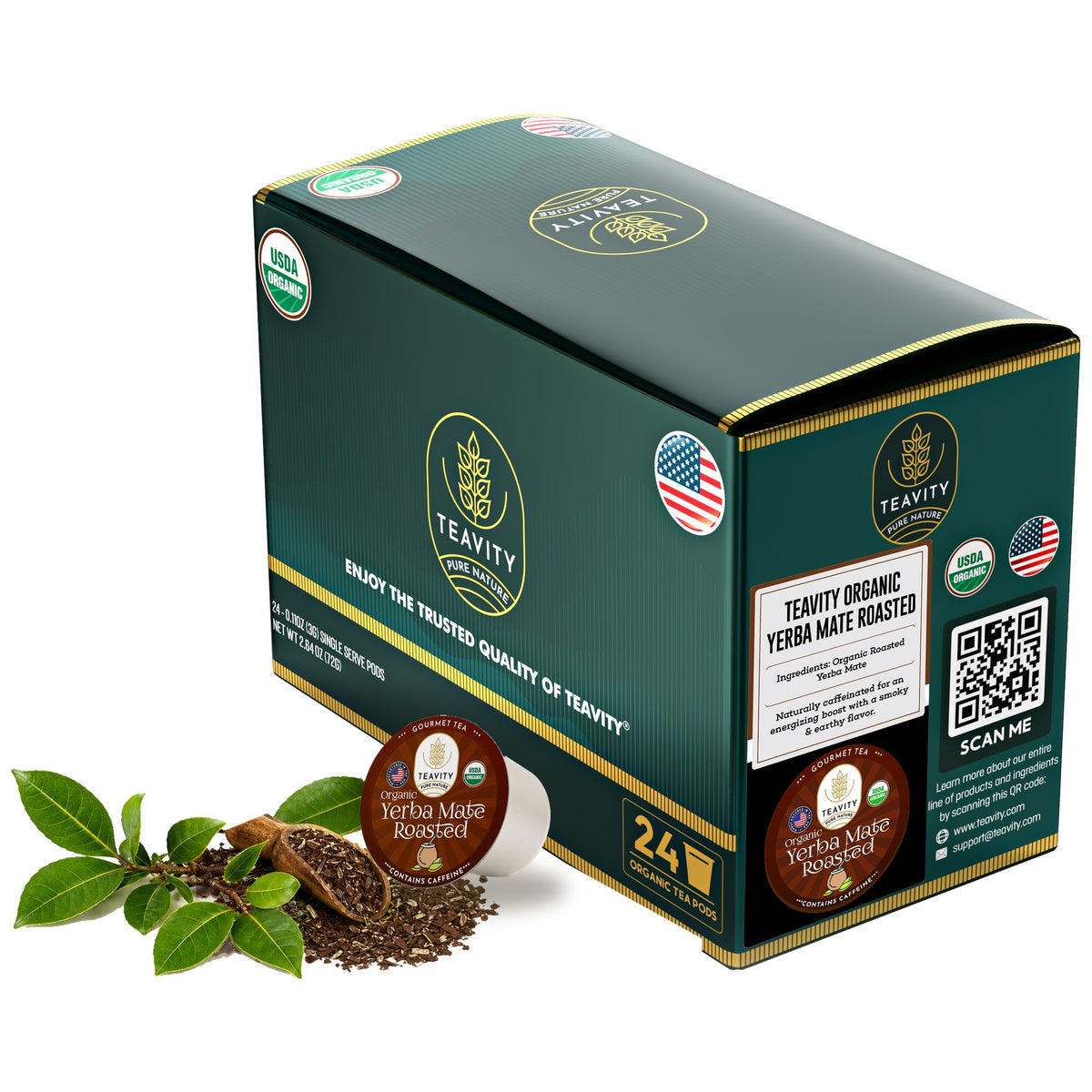 Teavity Organic Roasted Yerba Mate Tea Pods, 24 count box, K-Cup compatible